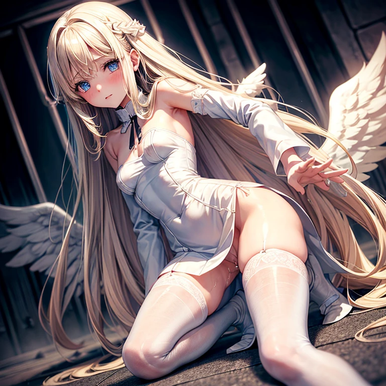 girl in a white dress with angel wings、Long blonde wavy hair、Blue eyes、Torn stockings、(In a dark prison)、(Hands behind your back)、Chained、Sad face、Physical education sitting、no panties,pussy juice,pussy,vagina,orgasm,red blush、Beautiful fingertips、Open your crotch