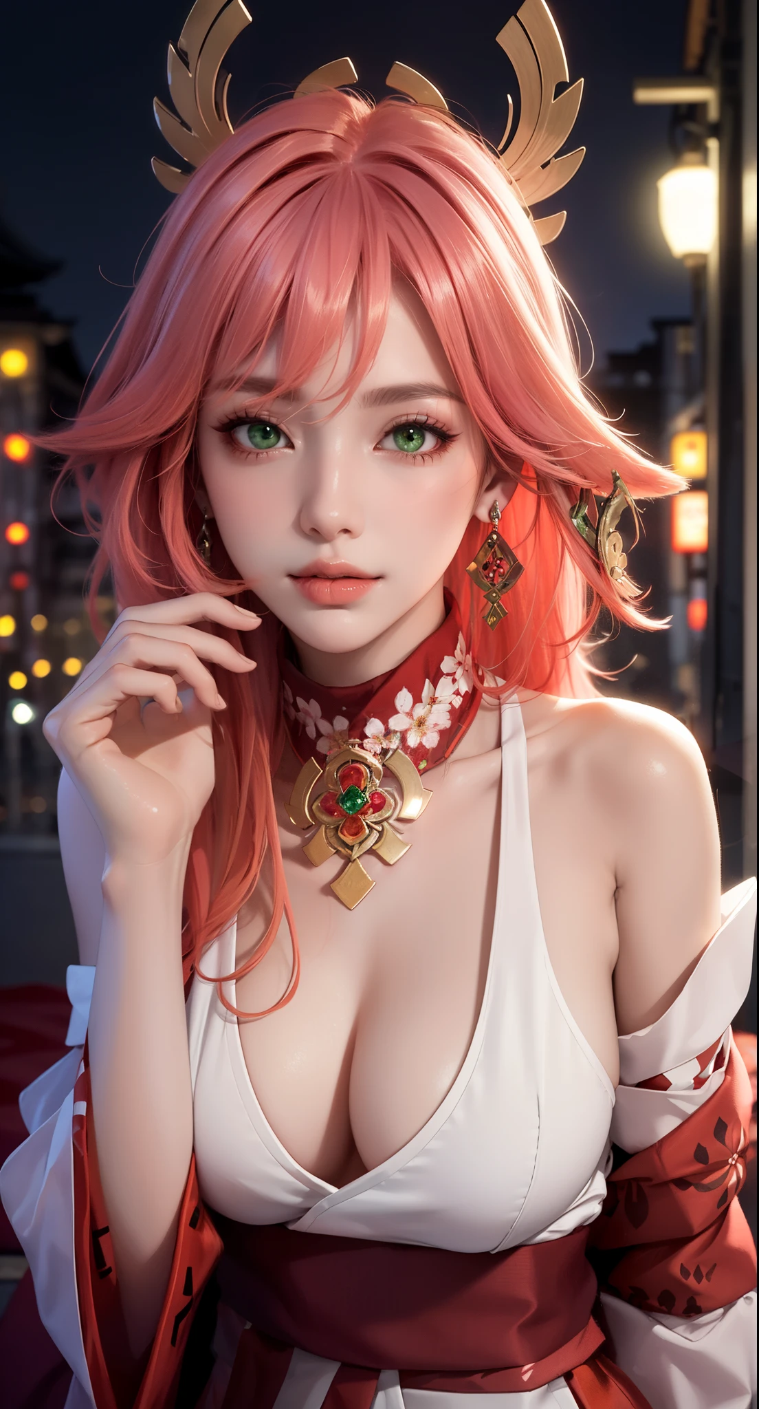 on bed, lying on bed sexy, (Masterpiece, Excellent, 1girl, solo, complex details, color difference), realism, ((medium breath)), off-the-shoulders, big breasts, sexy, Yae Miko, long pink hair, red headdress, red highlight, hair above one eye, green eyes, earrings, sharp eyes, perfectly symmetrical figure, choker, neon shirt, open jacket, turtleneck sweater, graffiti, dim lighting, alley, looking at the audience, ((mean, seductive, charming)), ((autumn background))), ((tokyo background)))), (((luminous background))), (dynamic pose), tulle, bare shoulders, blooming flower fields, radiant skin, faint smile, sexy, bust, no breast cover, naked, cocked ass, tummy look