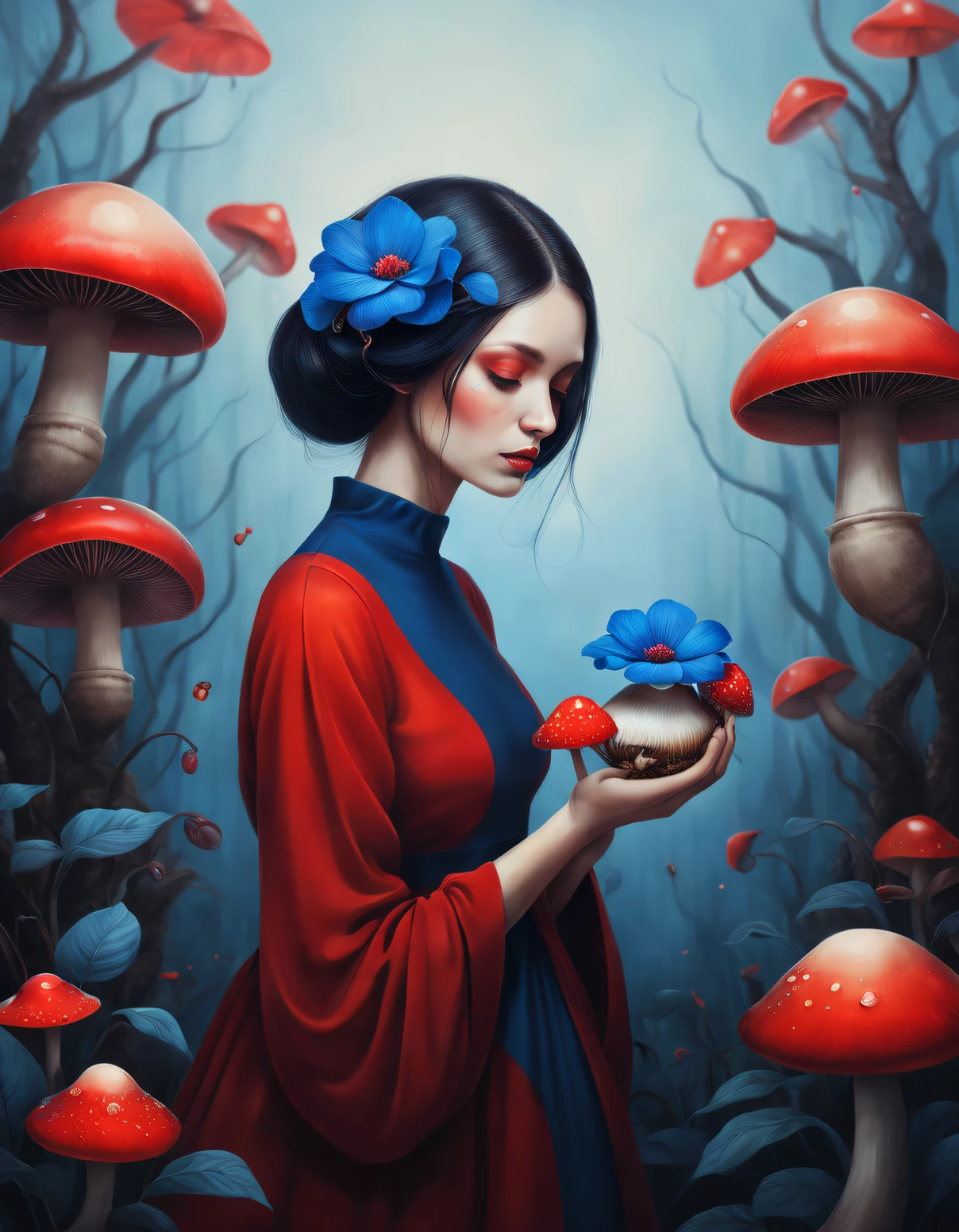 beth hamity style,Drawing of woman holding blue and red flowers, big snail,mushroom garden ,Pop surrealism, Integrated into Ligent, surreal , dreamlike illustration, Dripping honey, hyperrealistic aesthetic, genetic engineering
