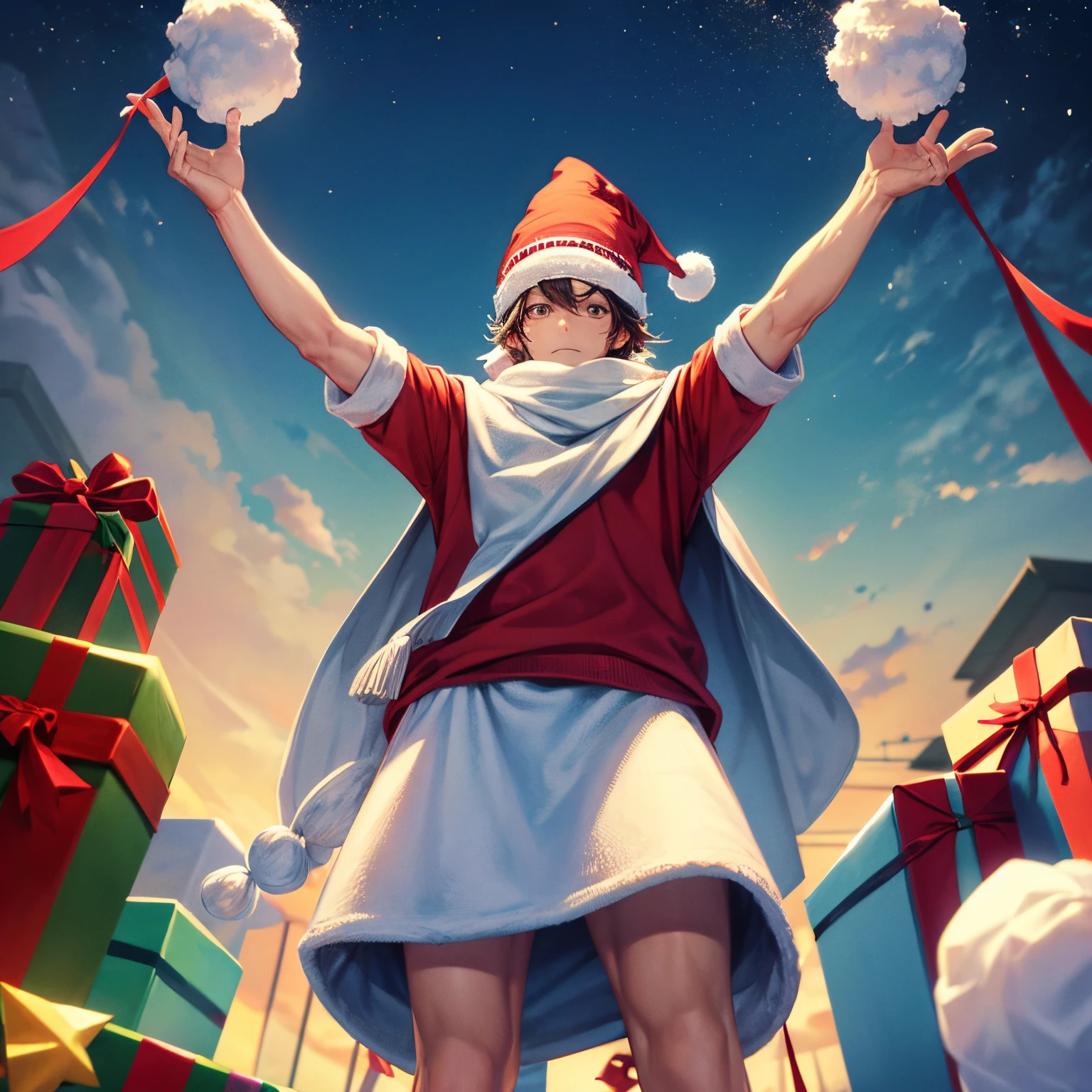 6 foot man with a beanie on his head without the cotton ball saying merry Christmas