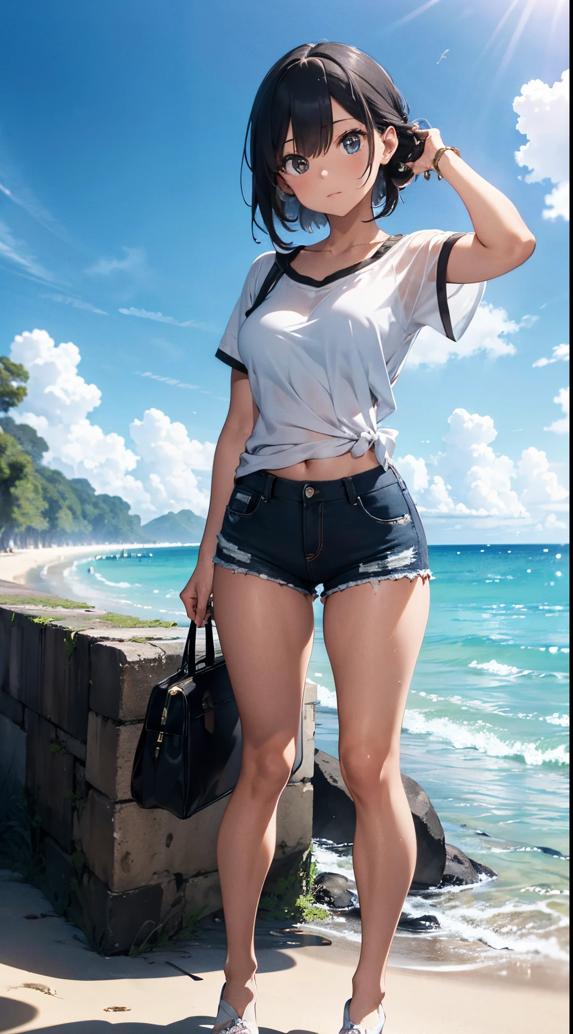 A Stunning Full body shot, extremely detailed illustration of a gorgeous Caucasian woman with small breasts wearing A Short Summer Shirt, Tight Summer Shorts And Stylish Sneakers With No Socks On Her Feet, Posing On The Beach, stylish, backlit, highly illuminated, Multicolored, Stylish Black hair, visually rich, manga, whimsical, enchanting, emotionally evocative, detailed environment, fantastical, imaginative, visually rich, (Best Quality), (Highest Detail), atmospheric, 8k Resolution, UHD, HDR, DOF, Fujifilm X3.