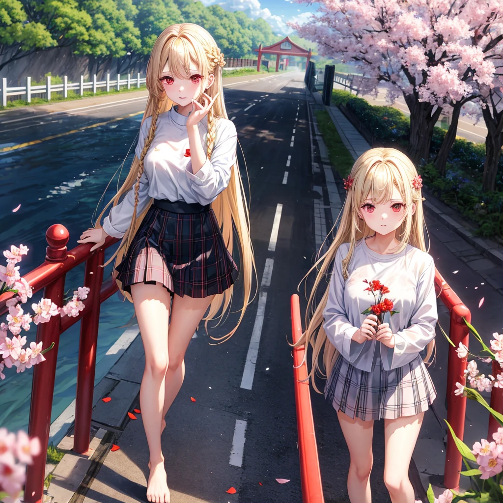 a blond、red eyes、Braids、one good looking girl、独奏、animesque、lightly dressed、Plaid miniskirt、flower petals、bare-legged、wetting hair、Black T-shirt、large tree、cherry trees、sea of clouds、railroad crossing