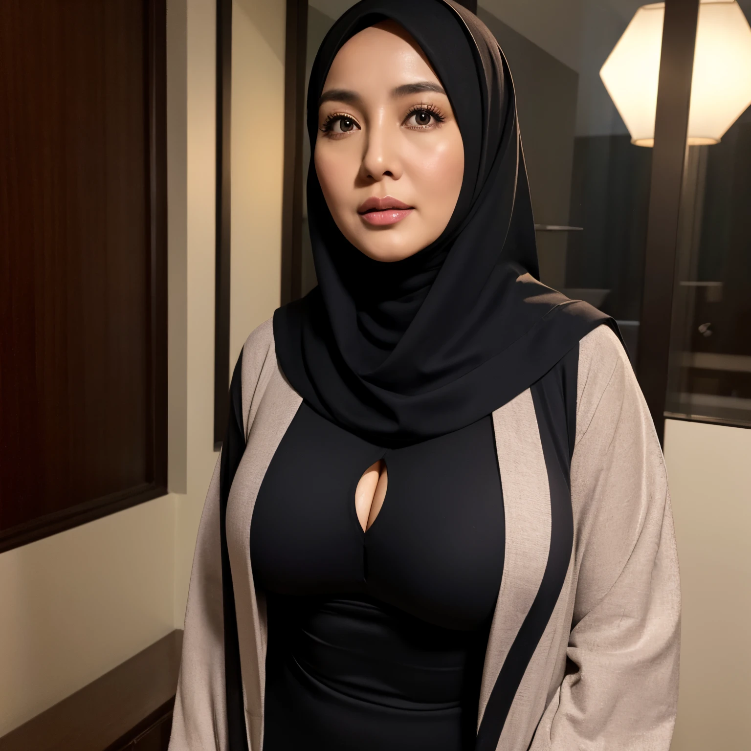 50 years Old, Hijab Indonesian mature woman, Big Tits : 18.9, doctor suit,curvy body, Breast about To burst out from her clothes, at doctor office, Dark light, at Nighttime.