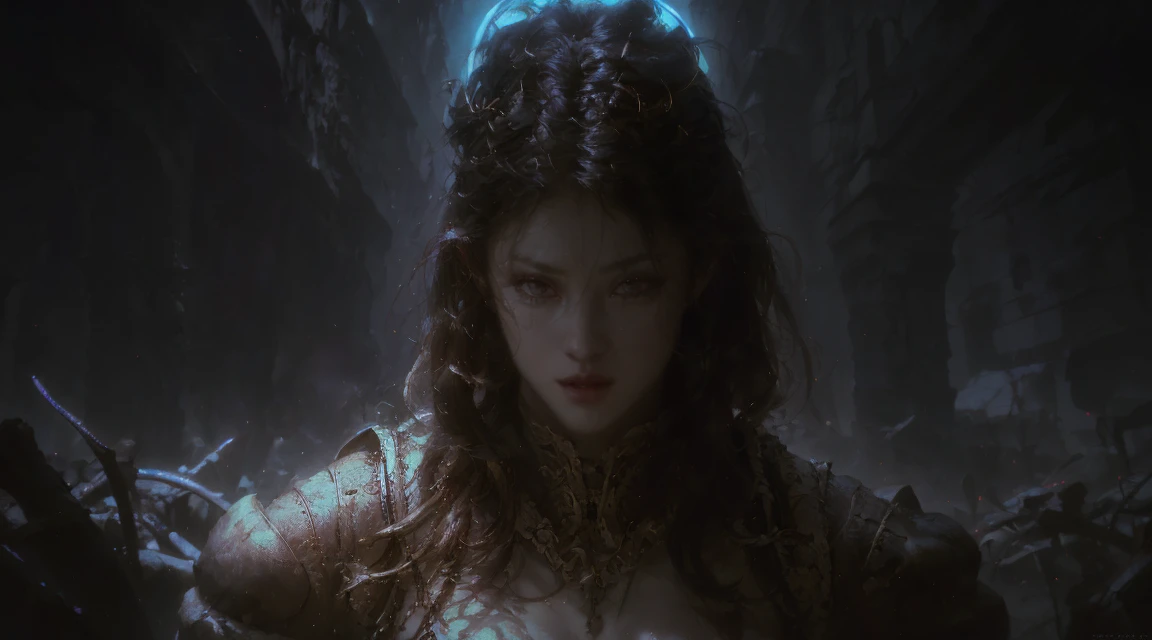 depth of fields, (cow boy shot),Side face shooting,(the only person:1.4)Alone,1人の女性,Castlevania Shadow Lords Hyper Realistic Super Detailed Dynamic Shot Masterpiece Movie Scene Movie Epic Legend Dracula Leader Holds Demon in Battle Sharp Detailed Movie Scene Movie Epic Legend Demons Gather on Lord Dracula Background,