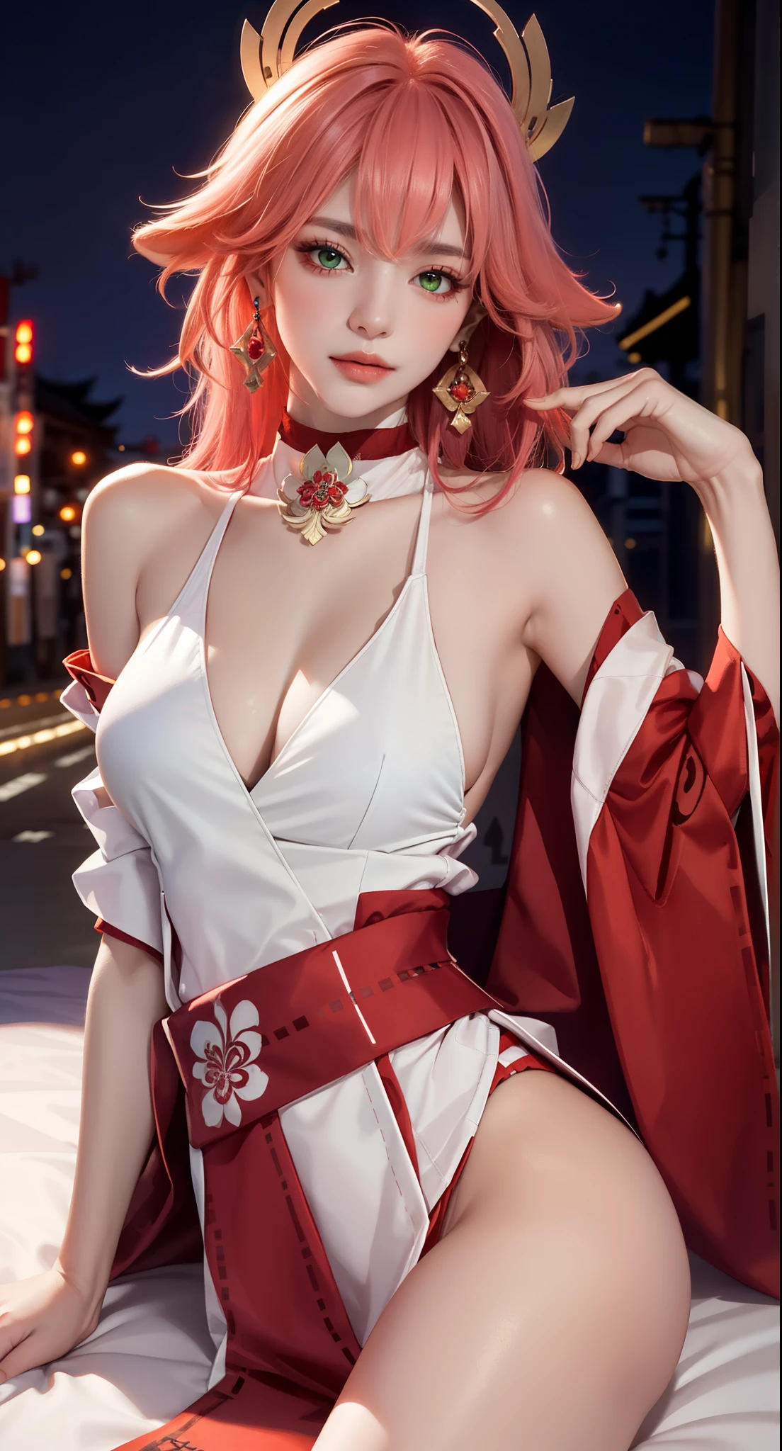 on bed, lying on bed sexy, (Masterpiece, Excellent, 1girl, solo, complex details, color difference), realism, ((medium breath)), off-the-shoulders, big breasts, sexy, Yae Miko, long pink hair, red headdress, red highlight, hair above one eye, green eyes, earrings, sharp eyes, perfectly symmetrical figure, choker, neon shirt, open jacket, turtleneck sweater, graffiti, dim lighting, alley, looking at the audience, ((mean, seductive, charming)), ((autumn background))), ((tokyo background)))), (((luminous background))), (dynamic pose), tulle, bare shoulders, blooming flower fields, radiant skin, faint smile, sexy, bust, no breast cover, naked, cocked ass, tummy look