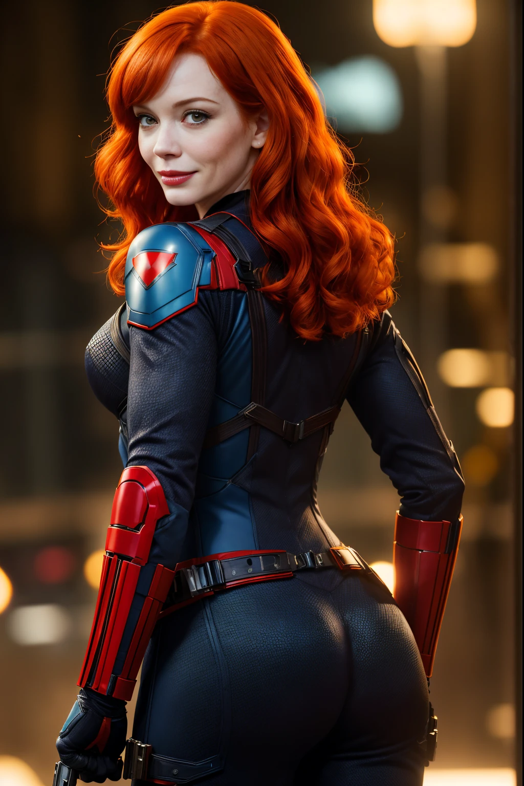 Young 25 year old Christina Hendricks as Black Widow from marvel comics, sly smile, perfect hands, high detail face, pale fair detailed skin, ginger hair, medium breasts, masterpiece, cinematic lighting, RAW photography, backlight, bokeh, sharp focus, rim lighting, 8k, high quality, from behind