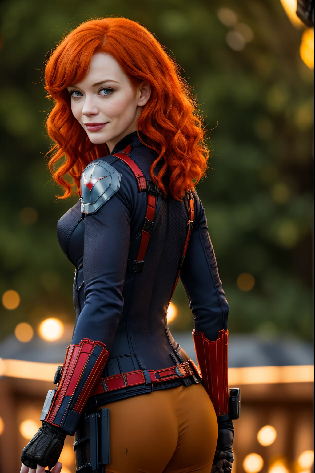 Young 25 year old Christina Hendricks as Black Widow from marvel comics, sly smile, perfect hands, high detail face, pale fair detailed skin, ginger hair, medium breasts, masterpiece, cinematic lighting, RAW photography, backlight, bokeh, sharp focus, rim lighting, 8k, high quality, from behind