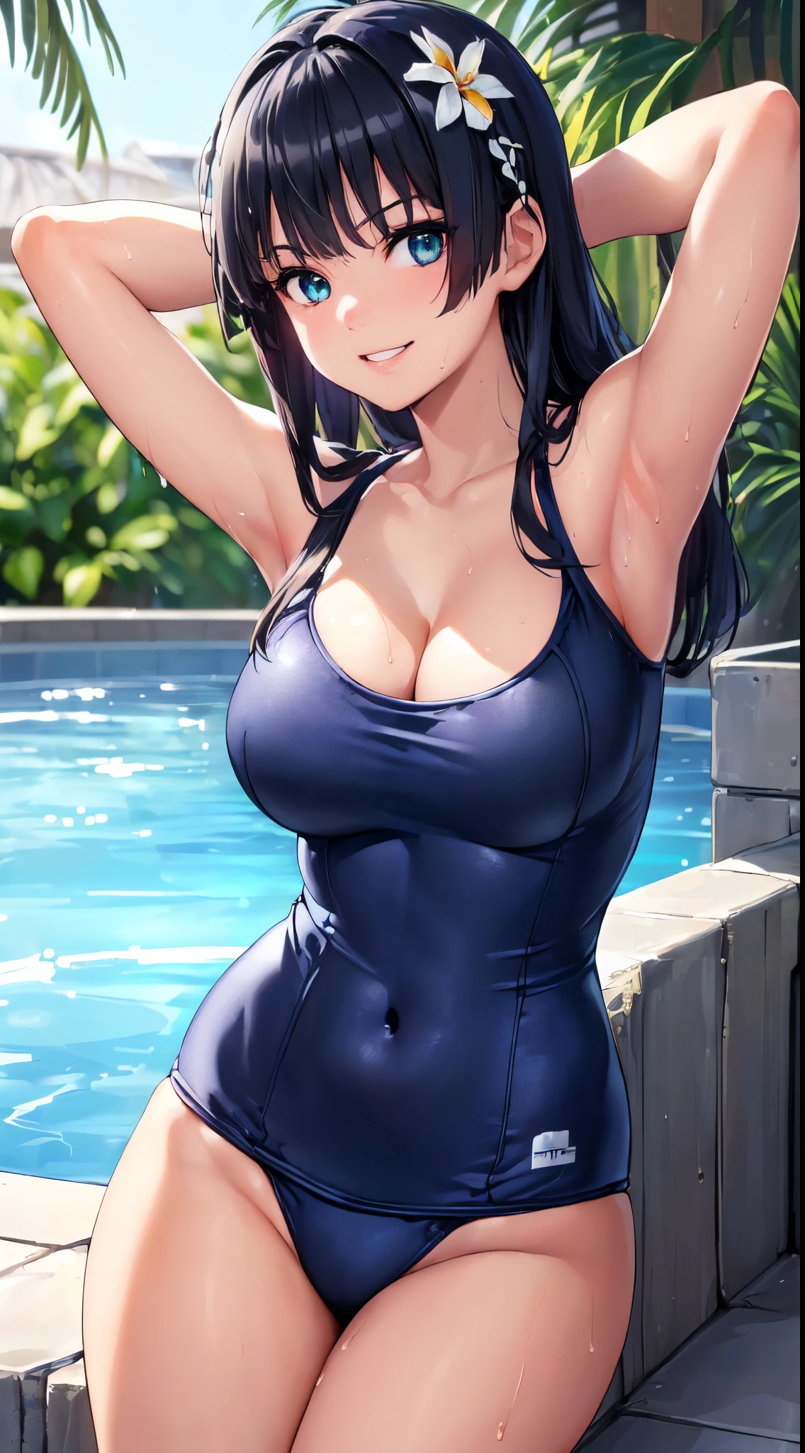 (Perfect hands, Perfect Anatomy:1.4), Satin Ruiko, Solo,(Navy blue school swimsuit:1.5),(neat figure,A slender:1.4),(Hairstyle is a princess cut.:1.5),(Black hair:1.4), Blue eyes, (A dark-haired:1.4),(short hair flap:1.5),(A dark-haired:1.4),Long hair,(Long straight hair:1.4), Hair Ornament, (1 white flower decoration:1.4),(Tsurime:1.4),(parted_Lips:1.4),(hime-cut:1.4),(Large breasts:1.4),(Hands behind the head:1.4), (Evil smile:1.4),Hands behind the body,Hands behind the head,20yr old,sitting on,(小柄:1.3),(Wet:1.2), (Looking at Viewer:1.3),(View from below:1.1), (in poolside:1.4),(Bright sunshine,夏天:1.4)、 BREAK (hime-cut:1.4),(​masterpiece:1.5),(very precise details,Ultra High Resolution:1.4),the Extremely Detailed CG Unity 8K Wallpapers,(Realistic,Photorealsitic,hyper realisitic:1.5),(Curve,Model,glamor:1.5),Beautiful breasts,Farbe_aberration,beautiful detailed shadow,Beautiful eyes,Beautiful body,Beautiful skin,beautifull hands,(Aesthetic Anime Eyes:1.4),(Illustration:0.8), (Beautiful detailed eyes:1.4), extra detailed face, Perfect Lighting, extremely details CG, (Perfect hands, Perfect Anatomy:1.4),