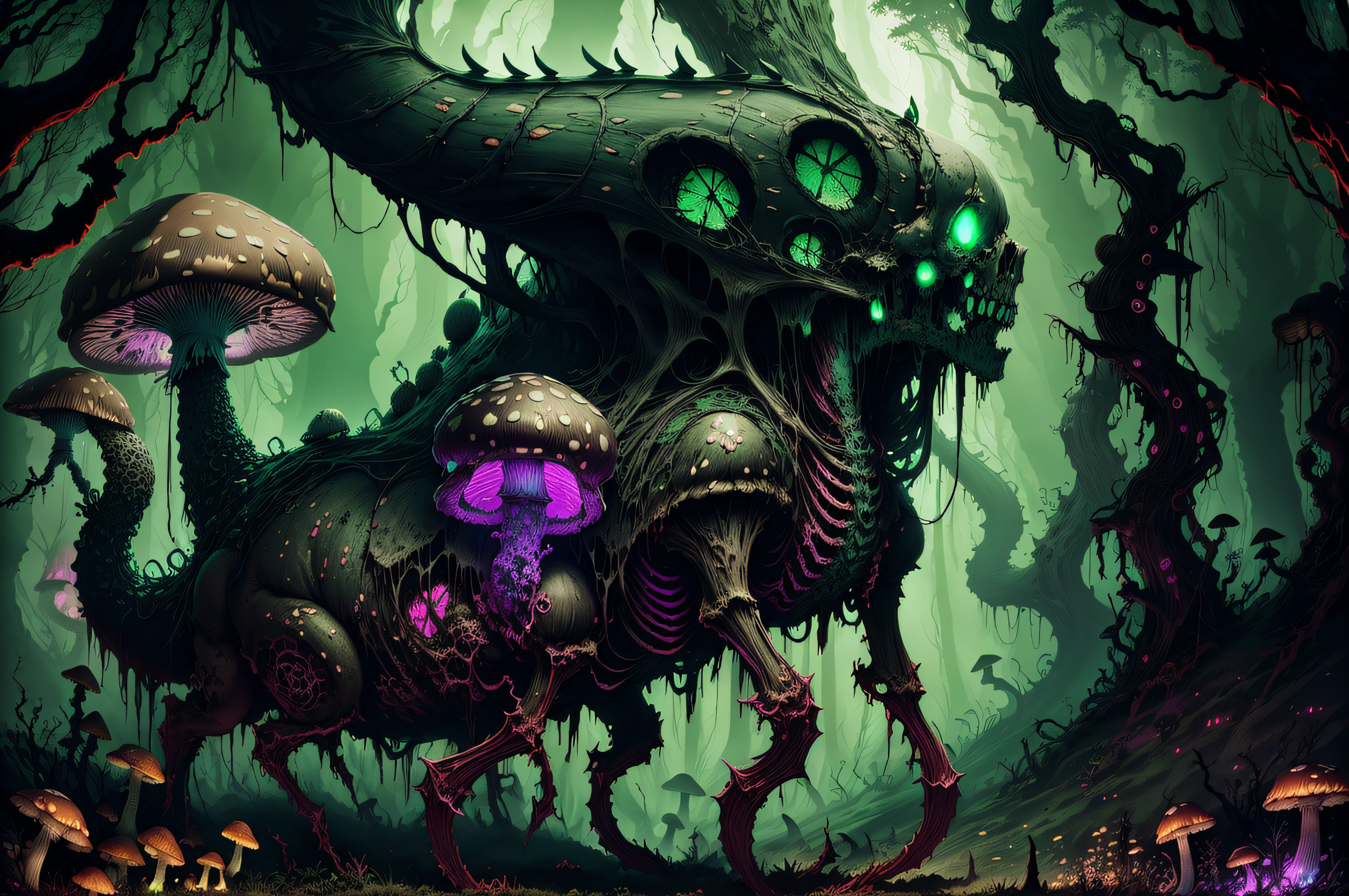 (masterpiece), super detail, best quality, ultra high res, highres, 8k, (photorealistic), undead mushroom, mushroom monster, (glowing mushroom:1.4), Bioluminescent Mushroom, poisonous mushroom, undead, forest, undead forest