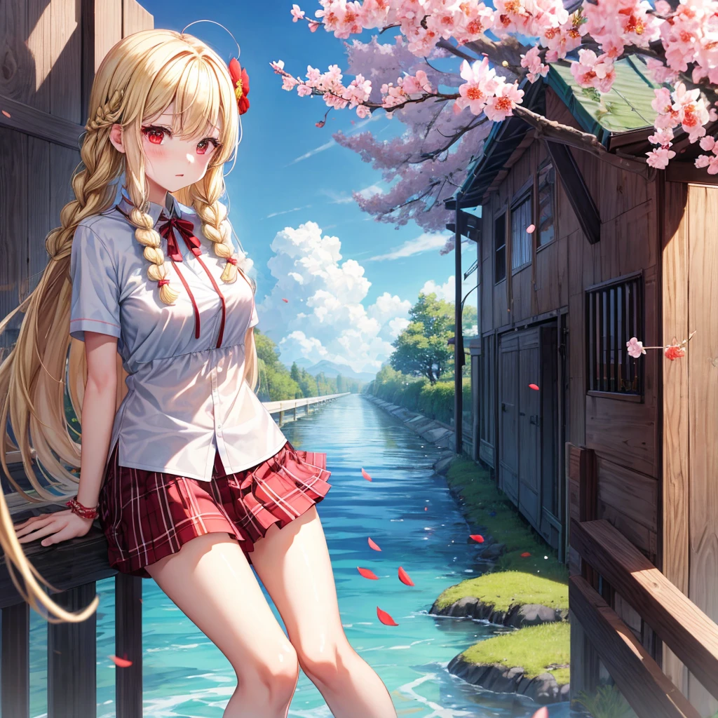 a blond、red eyes、Braids、one good looking girl、独奏、animesque、lightly dressed、Plaid miniskirt、flower petals、knee high、wetting hair、Black T-shirt、large tree、cherry trees、sea of clouds、railroad crossing