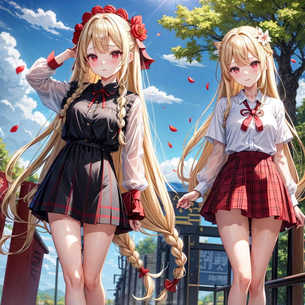 a blond、red eyes、Braids、one good looking girl、独奏、animesque、lightly dressed、Plaid miniskirt、flower petals、knee high、wetting hair、Black T-shirt、large tree、cherry trees、sea of clouds、railroad crossing