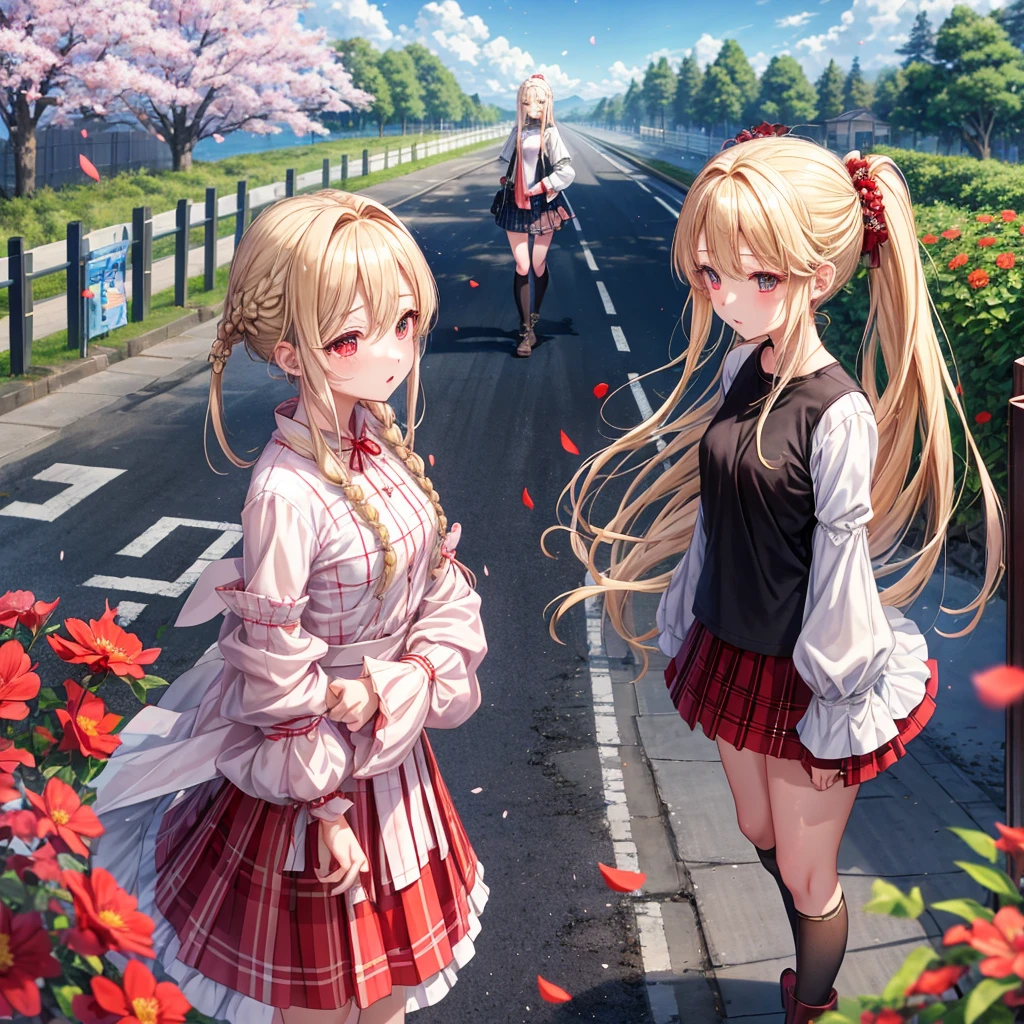 a blond、red eyes、Braids、one good looking girl、独奏、animesque、lightly dressed、Plaid miniskirt、flower petals、knee high、wetting hair、Black T-shirt、large tree、cherry trees、sea of clouds、railroad crossing