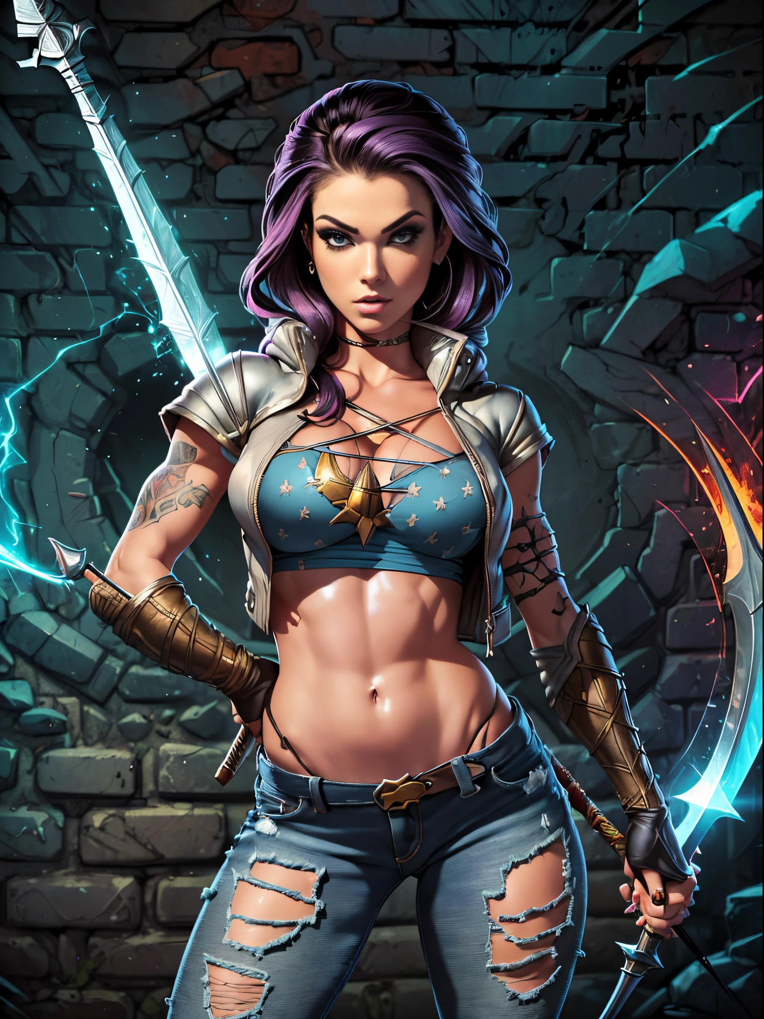 Very aesthetic inkpunk illustration, Alison Tyler, (((wielding a magic spear in his right hand))), sentada em uma cadeira simples, corpo inteiro, separated-lips, ,(((jaqueta de couro punk com rebites))) , ripped jeans, camiseta branca, , fundo da parede do graffiti, Arte por Mschiffer