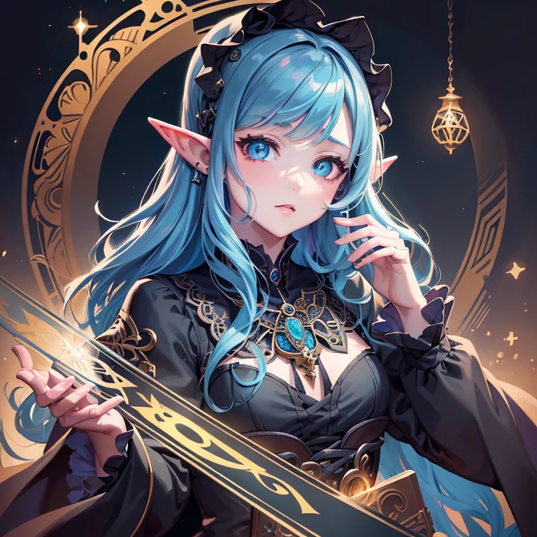 (Masterpiece), ((Highest Quality)),(Official Art),Beautifully Indulgent:1.2),(Dress, epic fantasy),(1 Girl: 1.3), A beautiful woman wearing a gothic Lolita's Black Dress with a detailed frills, , shines faintly in the light of the midnight moon,  parted bangs Tucked Behind pointed Ears, blue hair, half-elf, wizard, greatcoat with colorful African Print, intelligent, night, darkness, Detailed drawing. Bright colors. Colorful, best detailed ((super detailed)), (highly detailed 2D illustration), ((very delicate and beautiful))   WitchcraftPunkAI