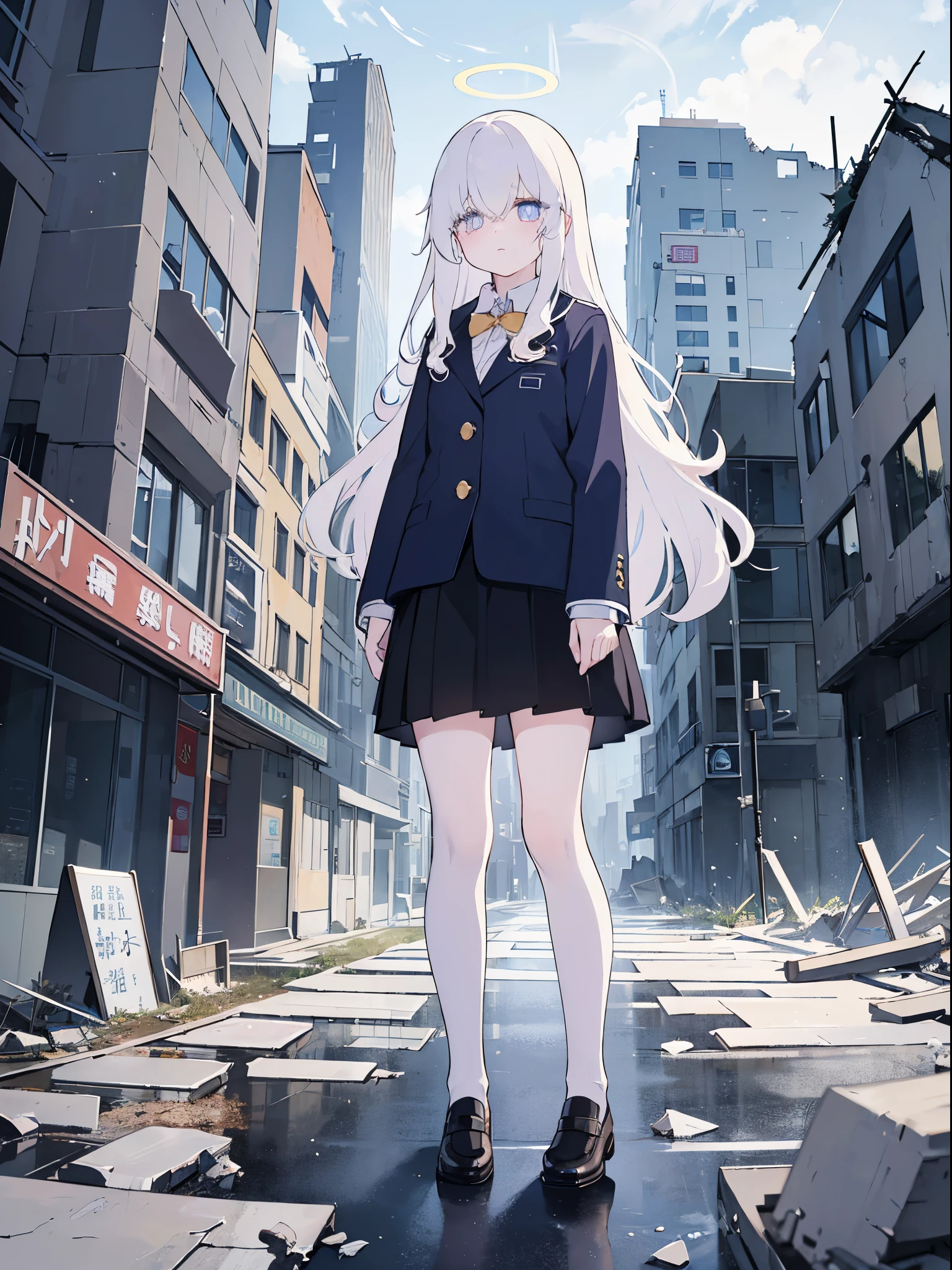 top-quality、​masterpiece、((Wavy Hair:1.2)),White hair,(((Eyes visible from bangs,hair over eyes:1.3))),Blunt bangs,Long hair, Purple eyes,Lori,School uniform,Navy blue blazer,Skirt,A devastated town, Rain, glass shards, Collapsed building, rubble, Car, Empty Town, feeling like that&#39;Looks like it&#39;s going to break, a girl is standing, Looking at Viewer, sad, end world, Post-apocalypse, light swirling in the sky, Giant Halo, dark sky、Full body、very wide shot