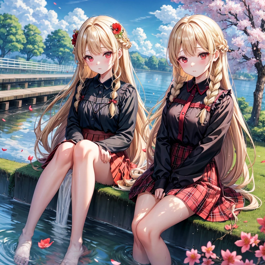 a blond、red eyes、Braids、one good looking girl、独奏、animesque、lightly dressed、Plaid miniskirt、flower petals、sitting on、wetting hair、Black T-shirt、large tree、cherry trees、sea of clouds、railroad crossing