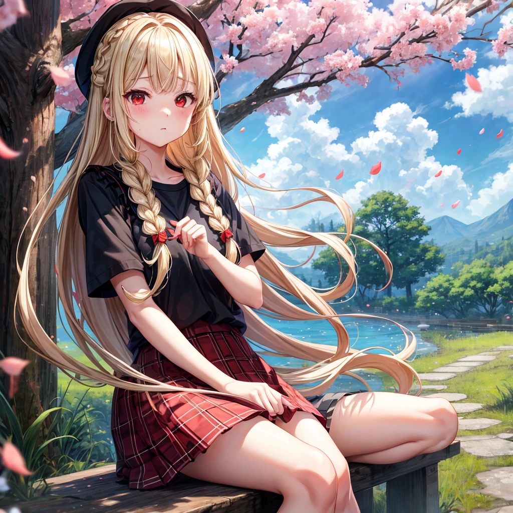 a blond、red eyes、Braids、one good looking girl、独奏、animesque、lightly dressed、Plaid miniskirt、flower petals、sitting on、wetting hair、Black T-shirt、large tree、cherry trees、sea of clouds、railroad crossing