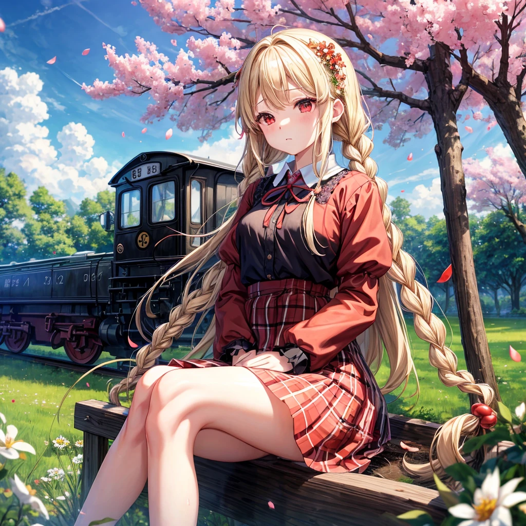 a blond、red eyes、Braids、one good looking girl、独奏、animesque、lightly dressed、Plaid miniskirt、flower petals、sitting on、wetting hair、Black T-shirt、large tree、cherry trees、sea of clouds、railroad crossing