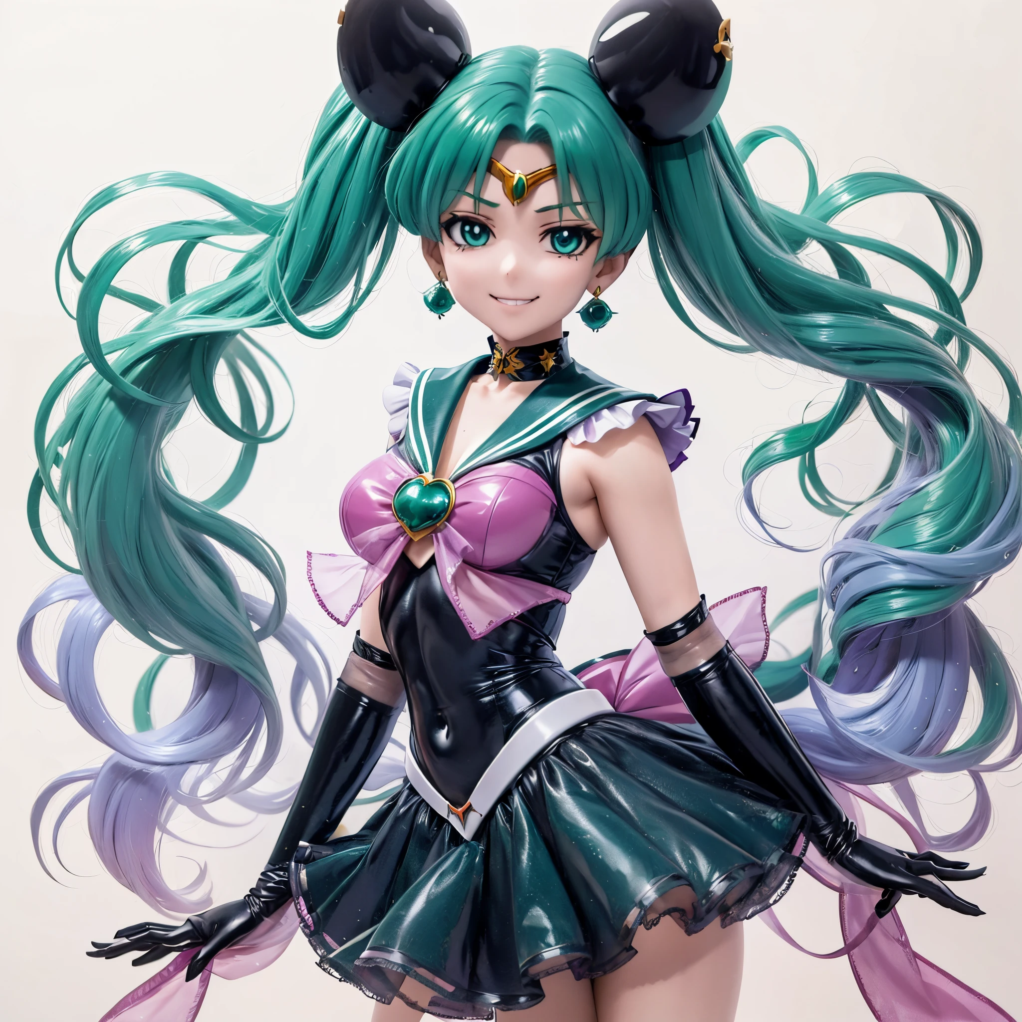 Sailor Neptune of the Fallen. female solo. Aqua color hair. Brainwashed eyes. A black mask that hides the eyes. Evil costume. nefarious smirk. Latex Costume. Full Body Stockings. Futuristic machine background.