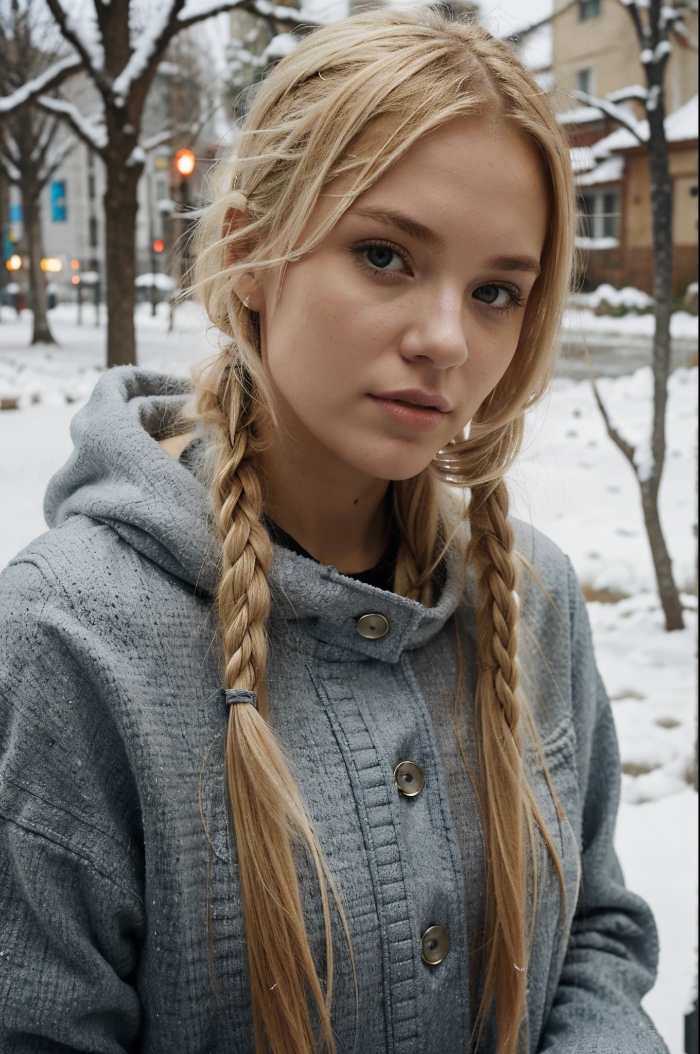 women with tied up blond hair in cold winter