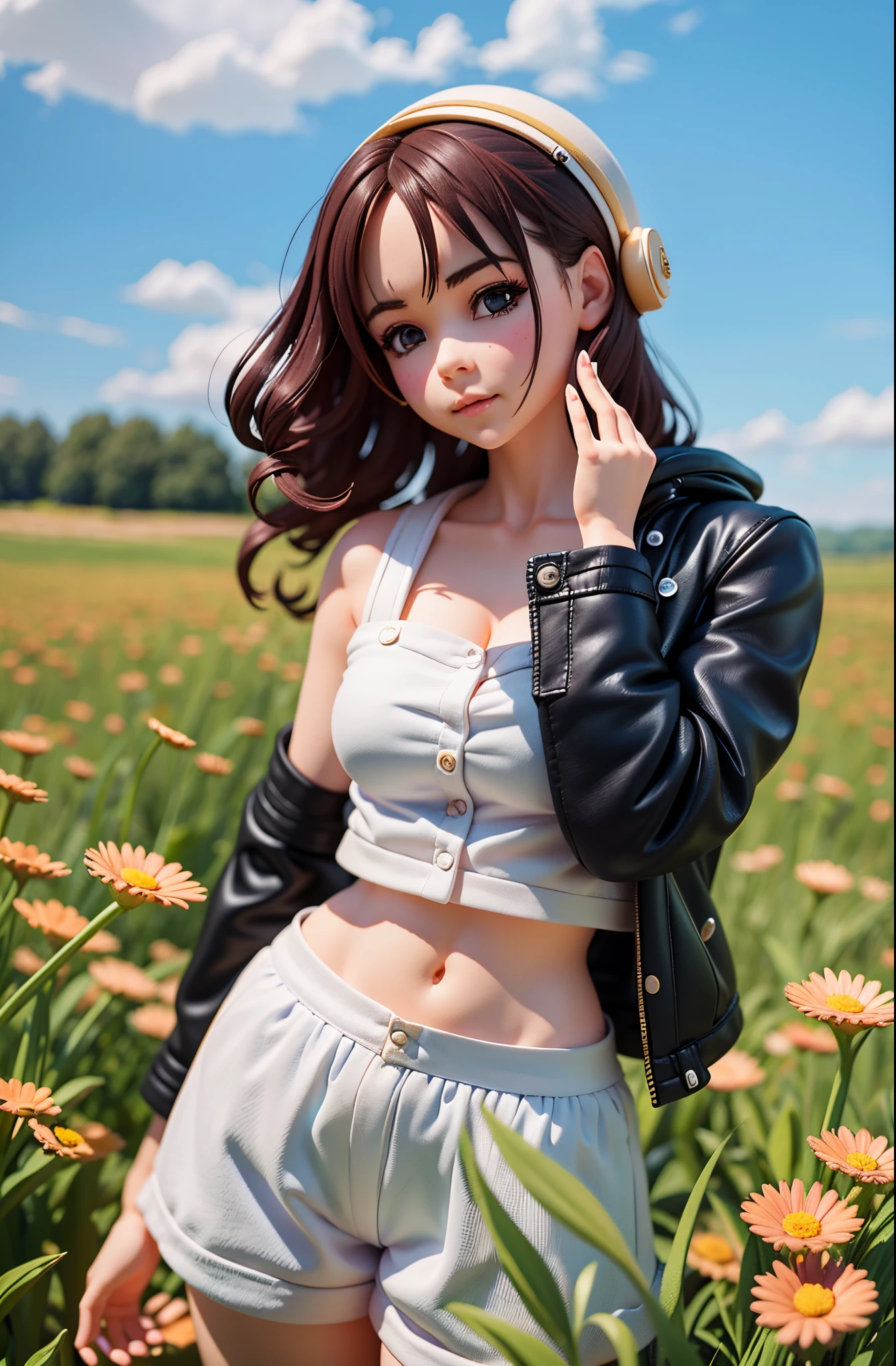 arafed woman in a white top and shorts standing in a field, ((young peoole)),chibi,blindbox, plastican00d,(best quality, 4k, 8k, highres, masterpiece:1.2), ultra-detailed, playful, cartoon, cute, 3d rendering,