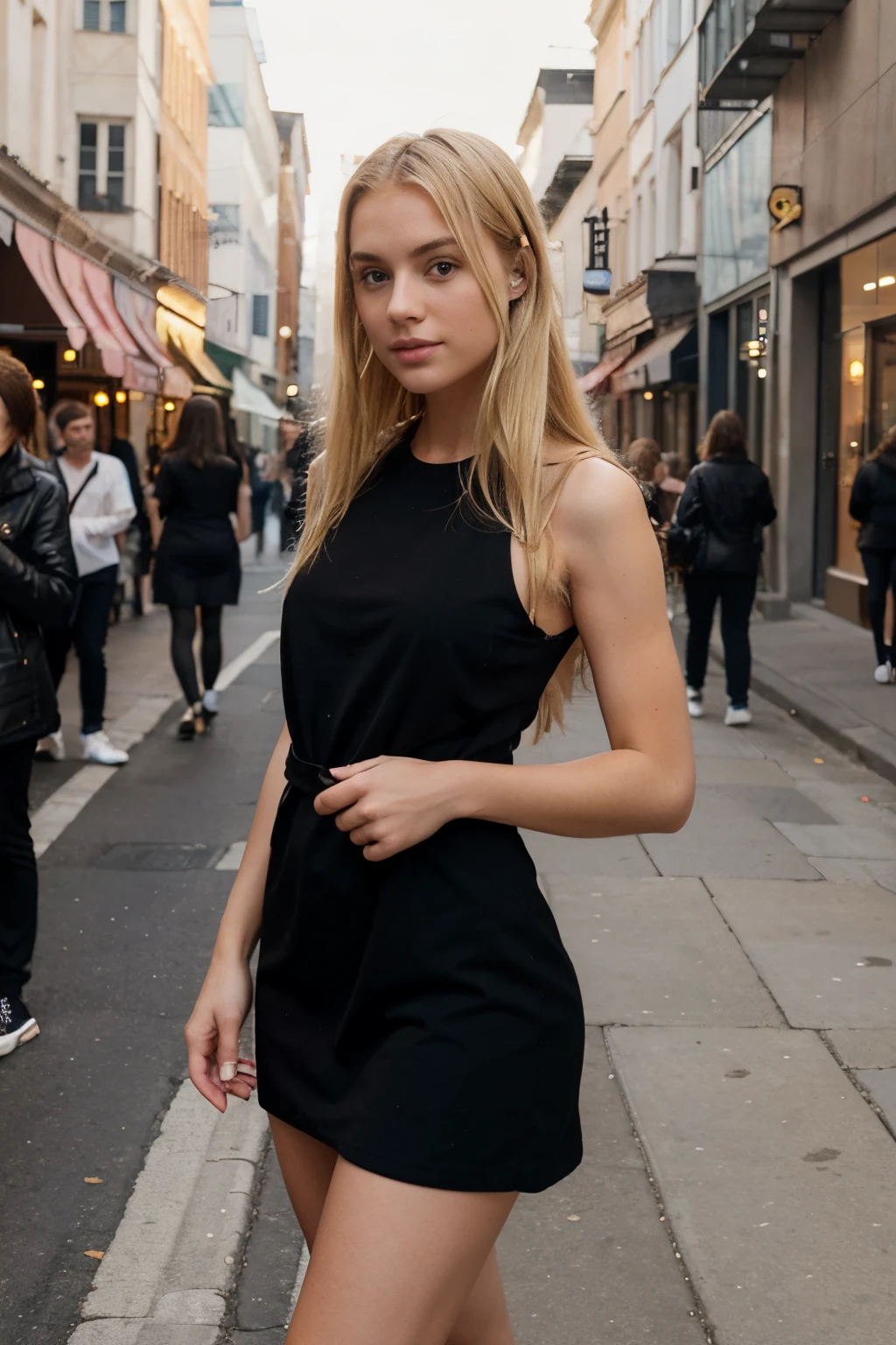 a girl with blonde hair in street front of people. Hot legs, black dress