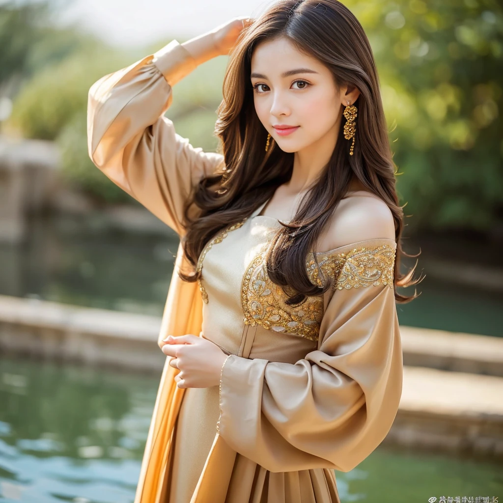 Picture her with almond-shaped, expressive brown eyes that convey warmth and intelligence. Her silky, dark hair falls in loose waves around her shoulders, framing a face adorned with a subtle, natural charm. Graceful and poised, she carries a combination of traditional and modern fashion, embodying a harmonious blend of cultural pride and contemporary elegance.