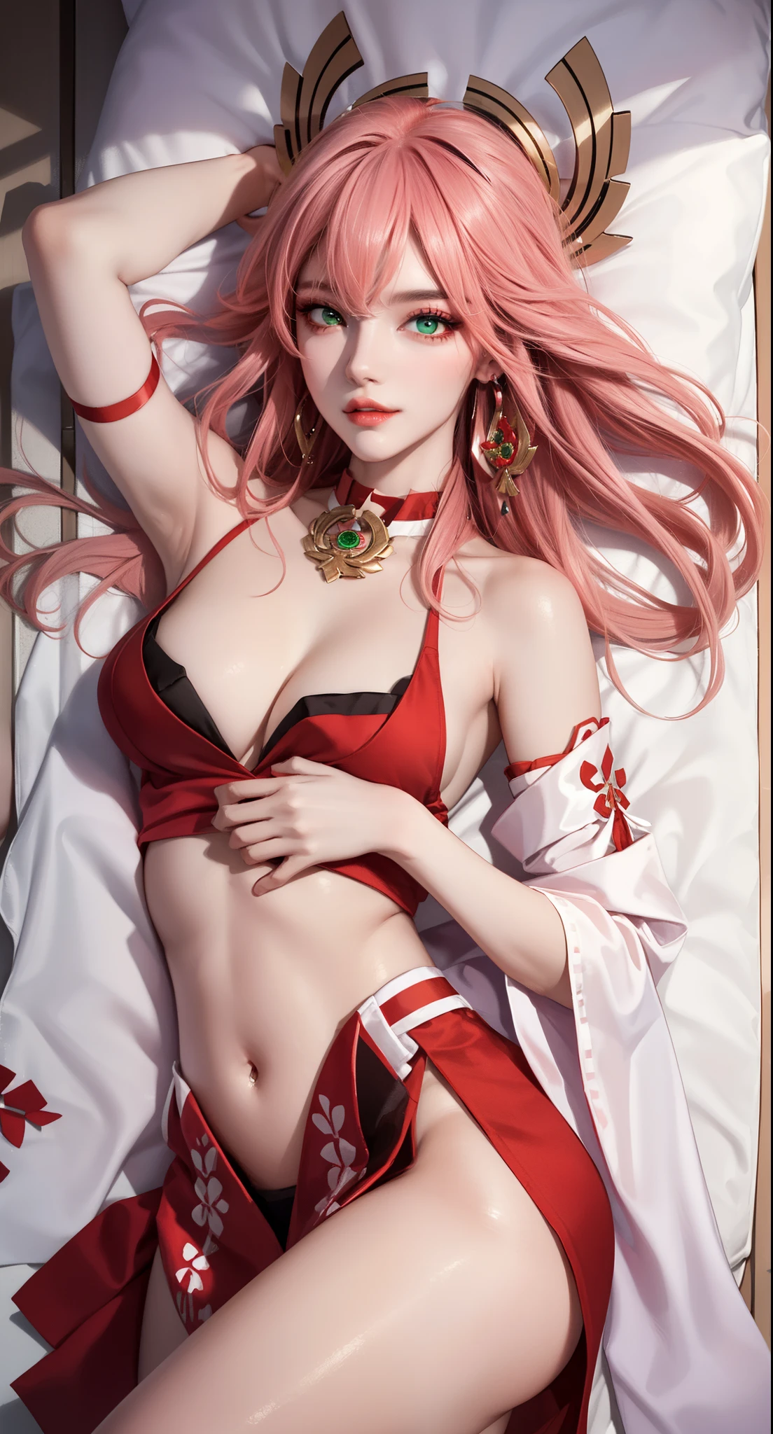 on bed, lying on bed sexy, (Masterpiece, Excellent, 1girl, solo, complex details, color difference), realism, ((medium breath)), off-the-shoulders, big breasts, sexy, Yae Miko, long pink hair, red headdress, red highlight, hair above one eye, green eyes, earrings, sharp eyes, perfectly symmetrical figure, choker, neon shirt, open jacket, turtleneck sweater, graffiti, dim lighting, alley, looking at the audience, ((mean, seductive, charming)), (dynamic sexy pose), tulle, bare shoulders, blooming flower fields, radiant skin, faint smile, sexy, bust, no breast cover, naked, cocked ass, tummy look
