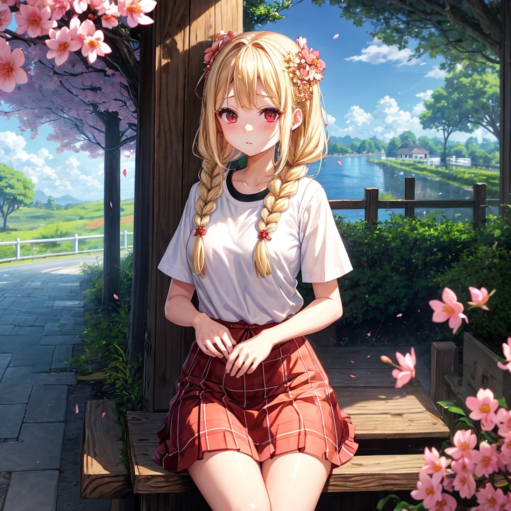 a blond、red eyes、Braids、one good looking girl、独奏、animesque、lightly dressed、Plaid miniskirt、flower petals、sitting on、wetting hair、Black T-shirt、large tree、cherry trees、sea of clouds、railroad crossing