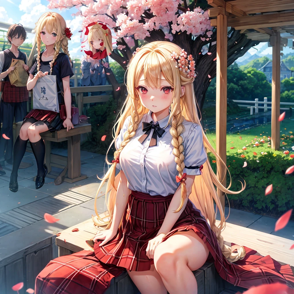 a blond、red eyes、Braids、one good looking girl、独奏、animesque、lightly dressed、Plaid miniskirt、flower petals、sitting on、wetting hair、Black T-shirt、large tree、cherry trees、sea of clouds、railroad crossing