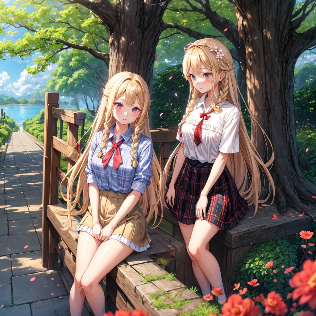 a blond、red eyes、Braids、one good looking girl、独奏、animesque、lightly dressed、Plaid miniskirt、flower petals、sitting on、wetting hair、Black T-shirt、large tree、cherry trees、sea of clouds、railroad crossing