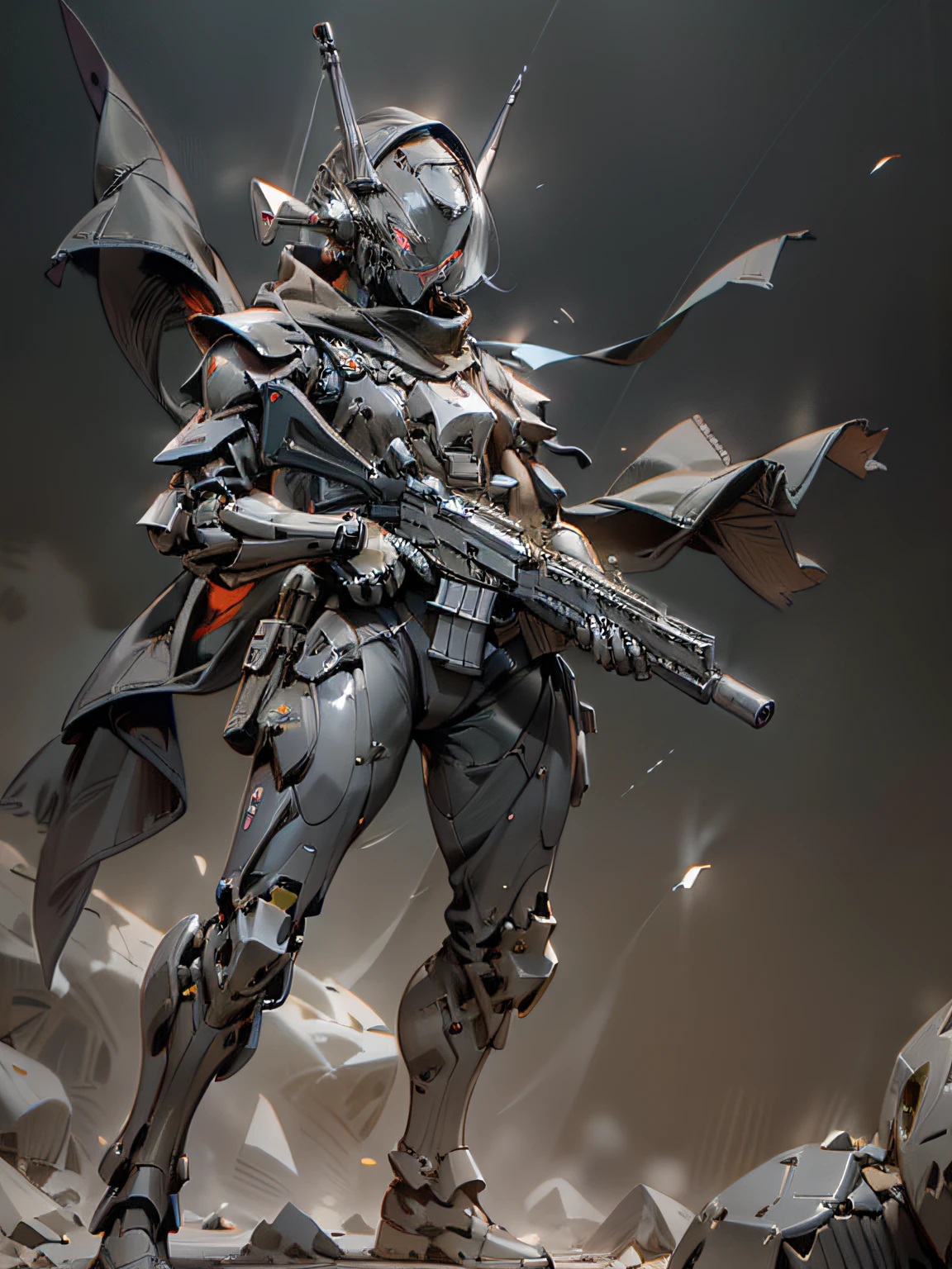 Gunsmith, all black ghost gunsmith, mask covering face, holding submachine gun in the air, super many machine gun weapons, heavy weapons, heavy machine guns, sniper rifles, cannons, Gatling machine guns scattered on the ground, carrying weapon firearms, pistol on the waist, sniper rifle behind back, super cool ghost gunsmith, weapon god, male, ninja, metal mech, with a black mask, wearing black mechanical armor, glowing red eyes, perfect body proportions, full body photo, looking up perspective, super detail, IP by pop mart, edge light, avatar, octane rendering, blender, clean black background, 3d, c4d, best quality, very detailed, ancient technology, HDR (high dynamic range), ray tracing, nvidia rtx, super resolution, unreal 5, subsurface scattering, PBR texture, post-processing, anisotropic filtering, depth of field, maximum sharpness and sharpness, multi-layer textures, albedo and highlight maps, surface shading, accurate simulation of light-material interactions, perfect proportions, Octane rendering, duotone lighting, low ISO, white balance, rule of thirds, wide aperture, 8K RAW, high efficiency sub-pixel, subpixel convolution, luminescent particles, light scattering, Tyndall effect