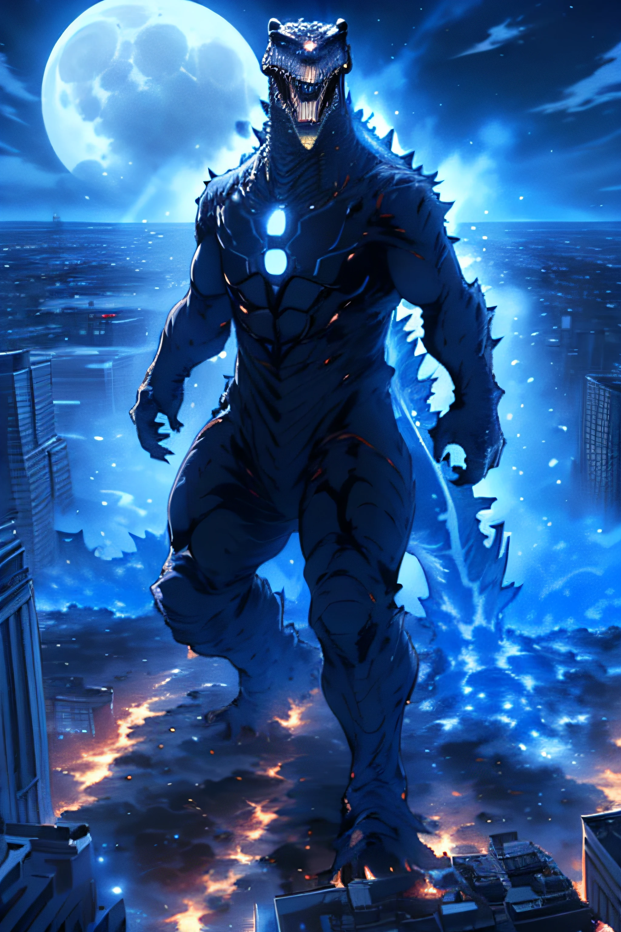 ((best quality)),((masterpiece)),((highres)),((detailed)),no humans,weapon,blue theme,Jet energy beam,
GodzillaXP, GZBD,monster,godzilla,  full body, blue eyes,yellow spines, 
in city center,moon,fire,explosion,  Aerial view ,