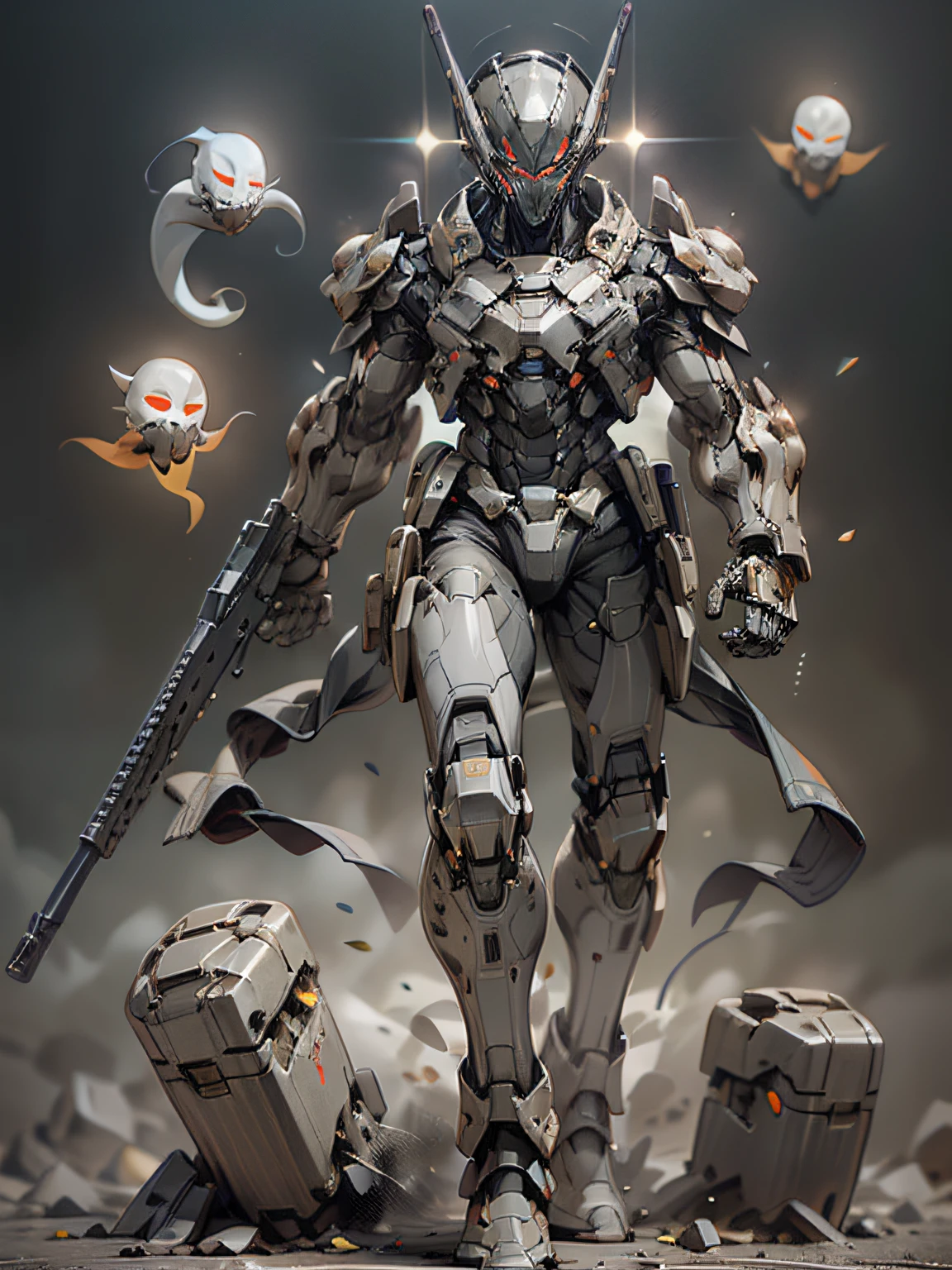 Gunsmith, all black ghost gunsmith, mask covering face, holding submachine gun in the air, super many machine gun weapons, heavy weapons, heavy machine guns, sniper rifles, cannons, Gatling machine guns scattered on the ground, carrying weapon firearms, pistol on the waist, sniper rifle behind back, super cool ghost gunsmith, weapon god, male, ninja, metal mech, with a black mask, wearing black mechanical armor, glowing red eyes, perfect body proportions, full body photo, looking up perspective, super detail, IP by pop mart, edge light, avatar, octane rendering, blender, clean black background, 3d, c4d, best quality, very detailed, ancient technology, HDR (high dynamic range), ray tracing, nvidia rtx, super resolution, unreal 5, subsurface scattering, PBR texture, post-processing, anisotropic filtering, depth of field, maximum sharpness and sharpness, multi-layer textures, albedo and highlight maps, surface shading, accurate simulation of light-material interactions, perfect proportions, Octane rendering, duotone lighting, low ISO, white balance, rule of thirds, wide aperture, 8K RAW, high efficiency sub-pixel, subpixel convolution, luminescent particles, light scattering, Tyndall effect