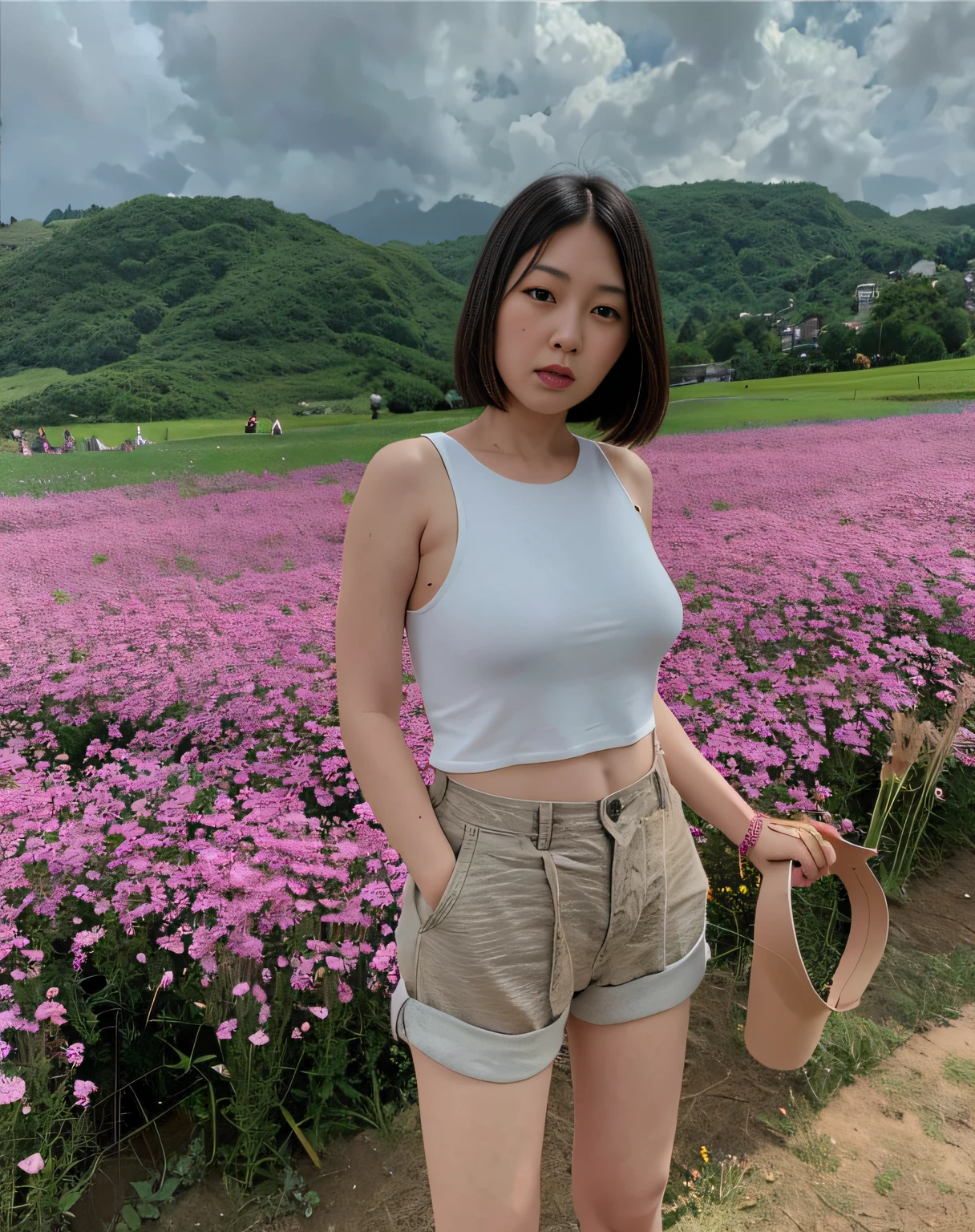 arafed woman standing in a field of flowers with a hat, standing in flower field, standing in a flower field, girl frontal in a flower field, girl standing in a flower field, girl in a flower field, with flower fields as foreground, girl standing in flower field, with flowers, with short hair, woman standing in flower field, xintong chen