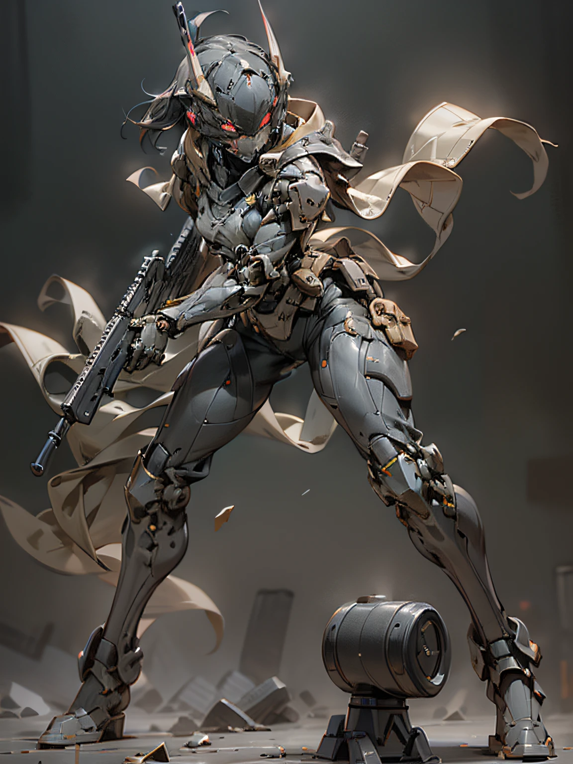 Gunsmith, all black ghost gunsmith, mask covering face, holding submachine gun in the air, super many machine gun weapons, heavy weapons, heavy machine guns, sniper rifles, cannons, Gatling machine guns scattered on the ground, carrying weapon firearms, pistol on the waist, sniper rifle behind back, super cool ghost gunsmith, weapon god, male, ninja, metal mech, with a black mask, wearing black mechanical armor, glowing red eyes, perfect body proportions, full body photo, looking up perspective, super detail, IP by pop mart, edge light, avatar, octane rendering, blender, clean black background, 3d, c4d, best quality, very detailed, ancient technology, HDR (high dynamic range), ray tracing, nvidia rtx, super resolution, unreal 5, subsurface scattering, PBR texture, post-processing, anisotropic filtering, depth of field, maximum sharpness and sharpness, multi-layer textures, albedo and highlight maps, surface shading, accurate simulation of light-material interactions, perfect proportions, Octane rendering, duotone lighting, low ISO, white balance, rule of thirds, wide aperture, 8K RAW, high efficiency sub-pixel, subpixel convolution, luminescent particles, light scattering, Tyndall effect