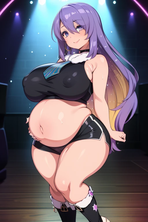moona hoshinova - hololive, 1girl, (((bimbo))), purple long hair, purple eyes, (((bimbo))), thin lips, painted lips, shy smile face, pregnant belly, big belly, wide hips, thick thighs, huge round ass, enormous natural breasts, shiny oily breasts, sports bra, full body, gym, nsfw
