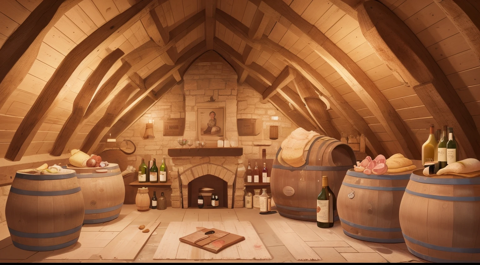 A cellar, in the attic hangs a large whole ham. On the right wall, there are wine barrels, and on the left wall, there are bottles of oil.