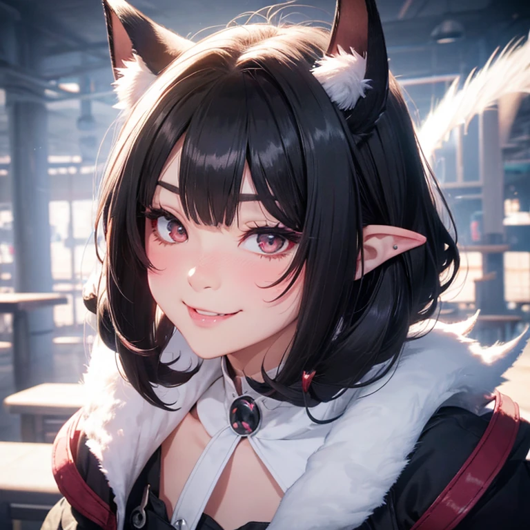 black hair, hair bobbles, wince, longeyelashes, solid circle eyes, fake animal ears, light smile, ear blush, fang, Surrealism, drop shadow, anaglyph, stereogram, tachi-e, pov, atmospheric perspective, 8k, super detail, ccurate, best quality