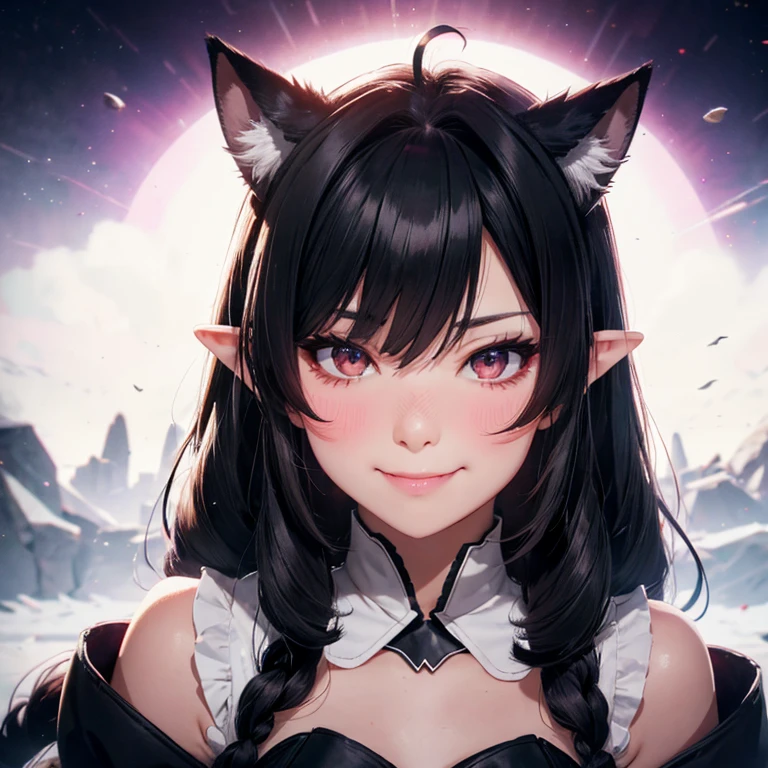 black hair, hair bobbles, wince, longeyelashes, solid circle eyes, fake animal ears, light smile, ear blush, fang, Surrealism, drop shadow, anaglyph, stereogram, tachi-e, pov, atmospheric perspective, 8k, super detail, ccurate, best quality