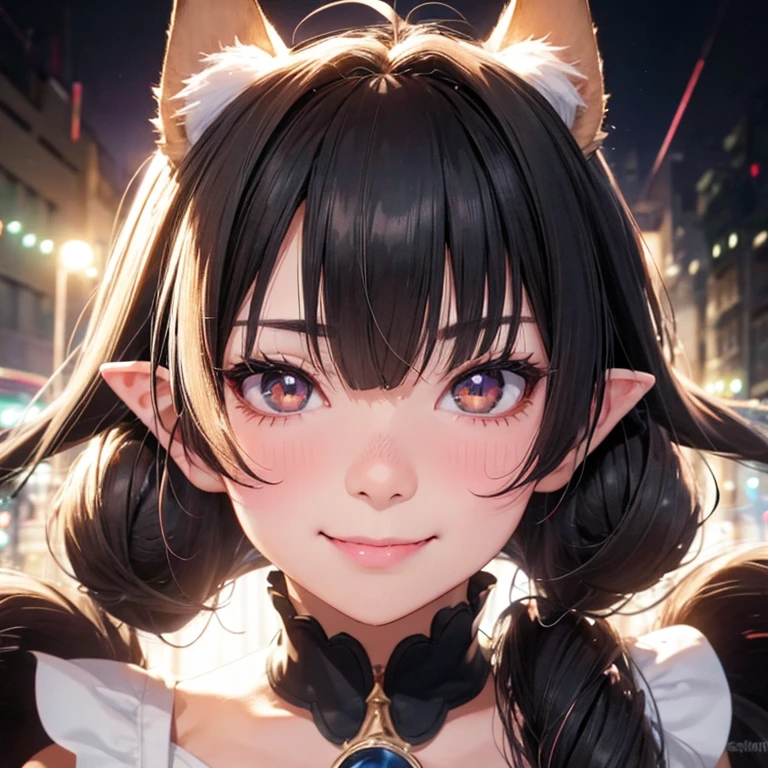 black hair, hair bobbles, wince, longeyelashes, solid circle eyes, fake animal ears, light smile, ear blush, fang, Surrealism, drop shadow, anaglyph, stereogram, tachi-e, pov, atmospheric perspective, 8k, super detail, ccurate, best quality