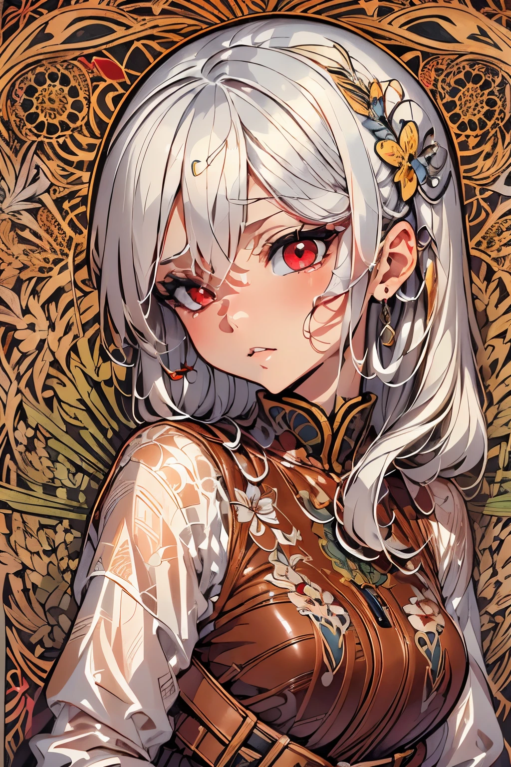 ((Super detailed illustration)), (masutepiece, 8K), (Best Quality, High quality), Perfect Anatomy, super detailed, super detailed, perfect design, Mature Face, head portrait, short dark hair, sface focus, Adults,jaket, white shirt, tie, Pants, best qualtiy, Details of face, ((Silver hair)), ((tusk)), ((Double Hairpan)), ((Red Eyes:1.2)), Big eyes, ((Brown leather belt)), hair between eye, , Buddhist painting, (Beautiful eyes: 1.1), Absurd, super detailed, High resolution, Detailed background, (Art Nouveau: 1.2), flowing lines,decorative design, elegant forms, Natural Inspiration, Zentangle Pattern,Contemplative drawing, Creative expression, Intricate details