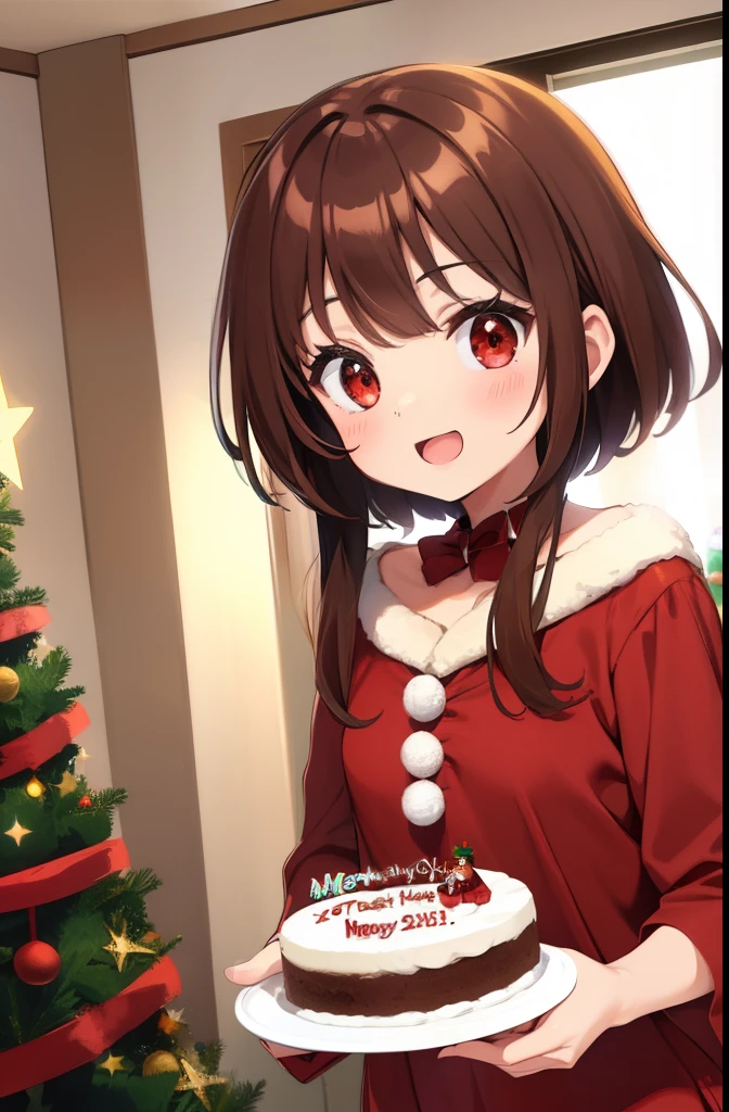 Megumim with Christmas clothes、a moon、stars, short hair, brown hair, red eyes, Christmas tree, birthday, happy birthday, cake, in the room.