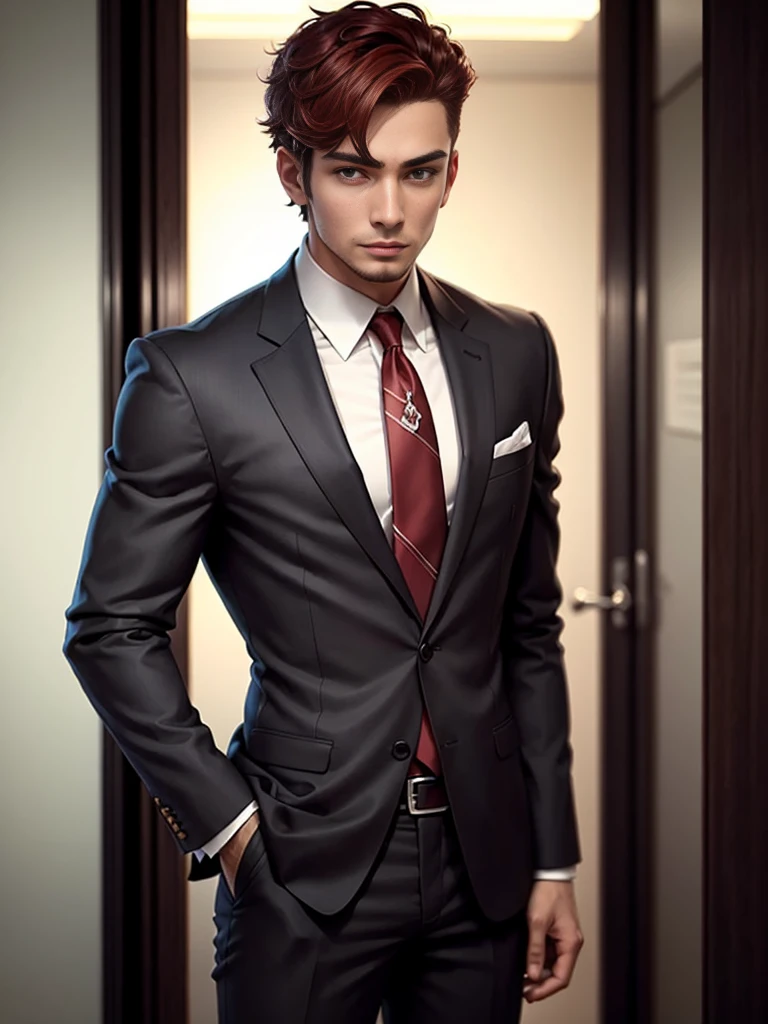 Handsome guy in a suit, Slim figure, short hair, dark red hair, hazel eyes,