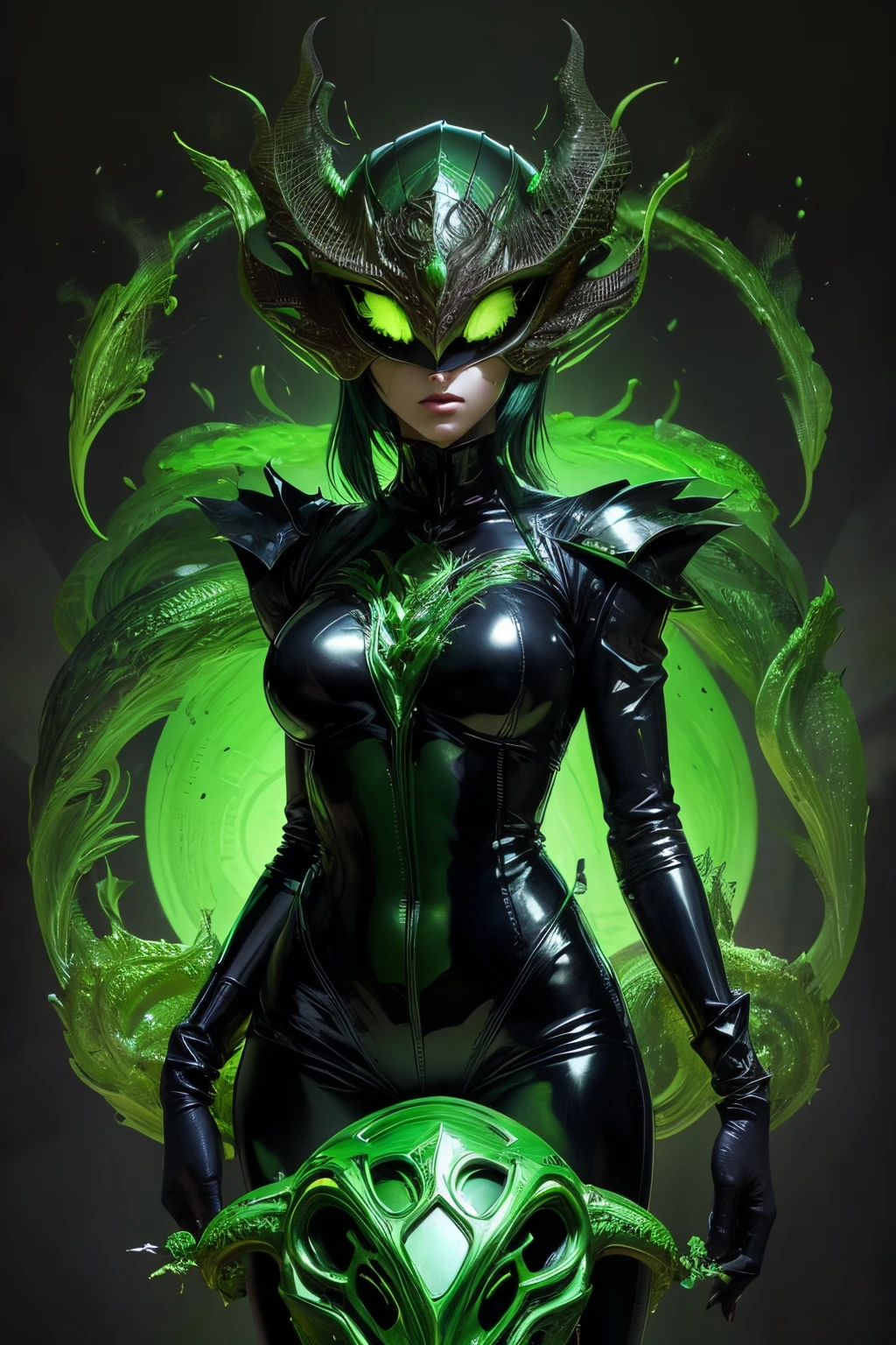 A helmet with a carnivorous plants motif. woman. She is wearing a black latex suit. Striking decoration.whip. Alchemy style equipment. Her image color is emerald green.