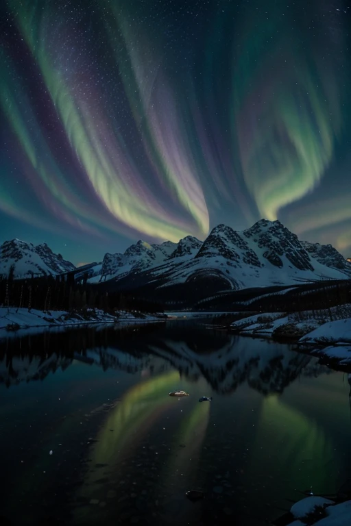 beautiful detailed northern lights, vibrant colors, breathtaking landscape, snowy mountains, reflection on a lake, starry sky, mesmerizing aurora borealis, peaceful atmosphere, magical experience, ethereal glow, surreal beauty, nature's light show