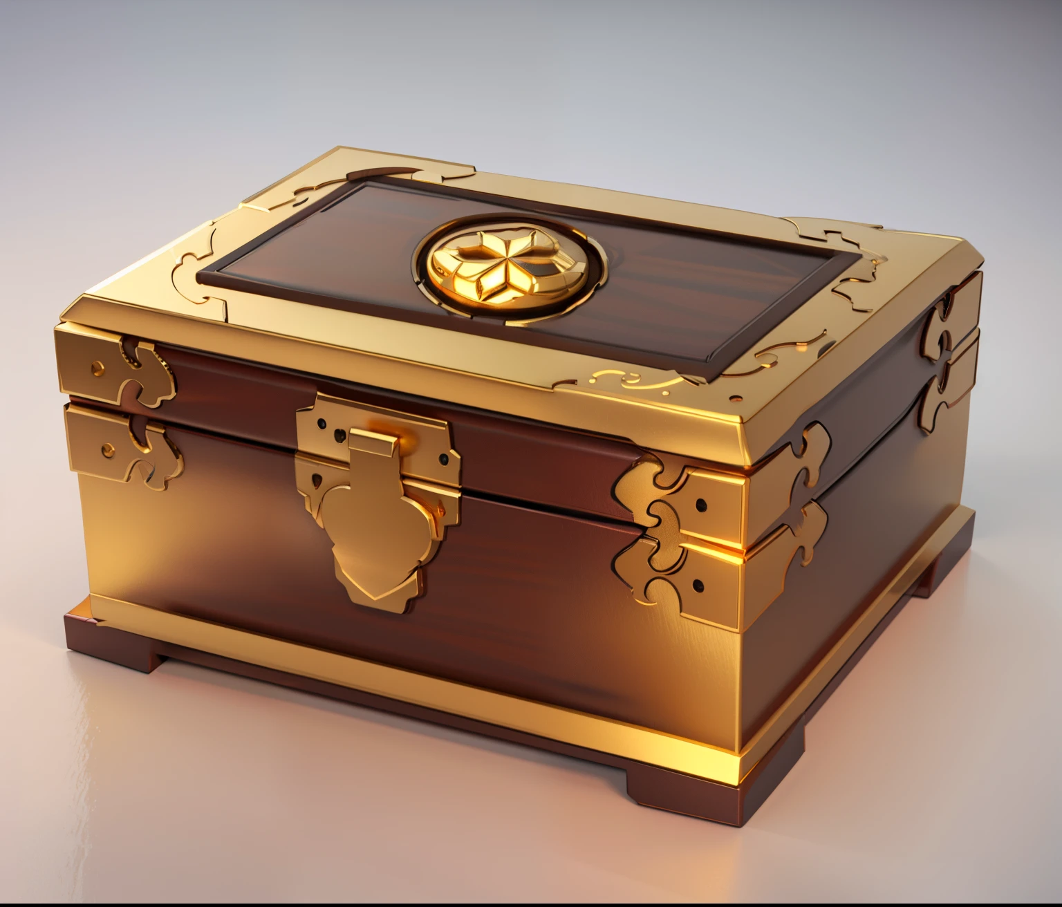 There is a brown and gold box,gold badge on it, game assets, In front of the treasure chest, smallunderboob, Multicount, boobgasm, Multiple Count Contest Winner, Stylized PBR, loot box, 3d game object, Stylized 3D rendering, Low-poly 3D models, Bigchest, Game asset mystery, video game assets, Treasure chests