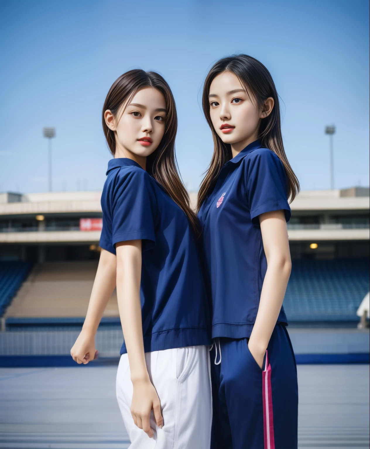 (bestquality,10,10,highres,masterpiece:1.2),ultra-detail,(Realistic,photorealistic portrait,photo-realistic:1.37),1 Cute girl in the football field,oily shiny skin,bara,light smile,BDclothes,((blue shirt:1.3)),short sleeves,shirt, trousers.,(navy_long_Pants Track:1.1), ((Stadium Background:1.3)),dynamic angle,excited,face focus,Dynamic Poses,from behide,Ass Focus,masterpiece, bestquality, ultra realistic, hyper-detail, 8k resolution, RAW photo, crisp focus, ((Navy blue shirt:1.1)), short sleeves, Long Path, Perfect body, 2 mature women, 18yo, cinematic light,Blue sweatpants,Gymware,Correct anatomy,Complete body, Correct body, sharp face, Anatomically correct body, full entire body, Realistic gestures, long-haired, Realistic poses,Wear long shorts..........................,Long leg span,Shapely,Sculpting Girl, Slender Figure, mannequin mannequins, Shapely, Beautiful body,Blue sweatpants, Two girls kissing