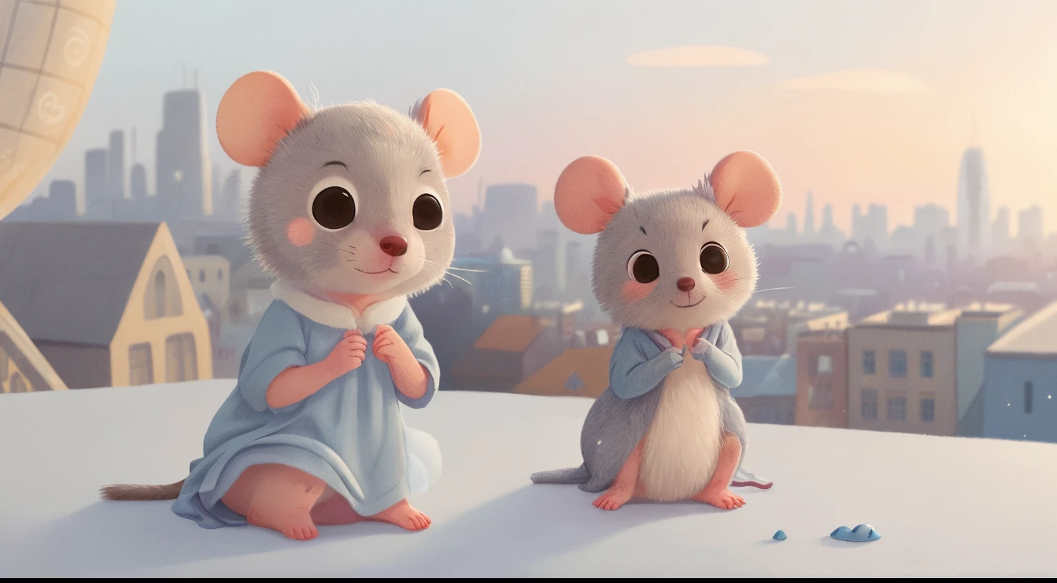 A cute little gray mouse, slender, with sweet blue eyes, dressed in a nightgown, soft fur, round ears, an illuminated face, with a city in the background at sunset.