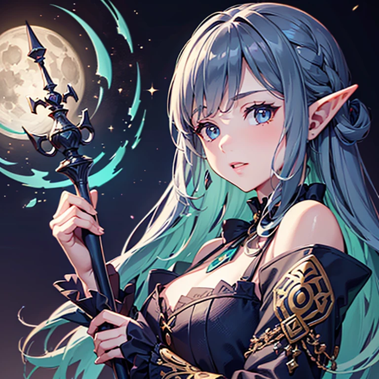(Masterpiece), ((Highest Quality)),(Official Art),Beautifully Indulgent:1.2),( epic fantasy),(1 Girl: 1.3), (A beautiful woman wearing a gothic ta's Black Dress with a detailed frills), , shines faintly in the light of the midnight moon, short shoulder-length haircut, parted bangs Tucked Behind pointed Ears, dark blue hair, very light eyes color, half-elf, wizard, ((greatcoat with colorful African Print)) ,royal victorian rpg clothing, intelligent, night, darkness, Detailed drawing. Bright colors. Colorful, best detailed ((super detailed)), (highly detailed 2D illustration), ((very delicate and beautiful)) WitchcraftPunkAI, holographic low poly magic aura, bare collarbones,